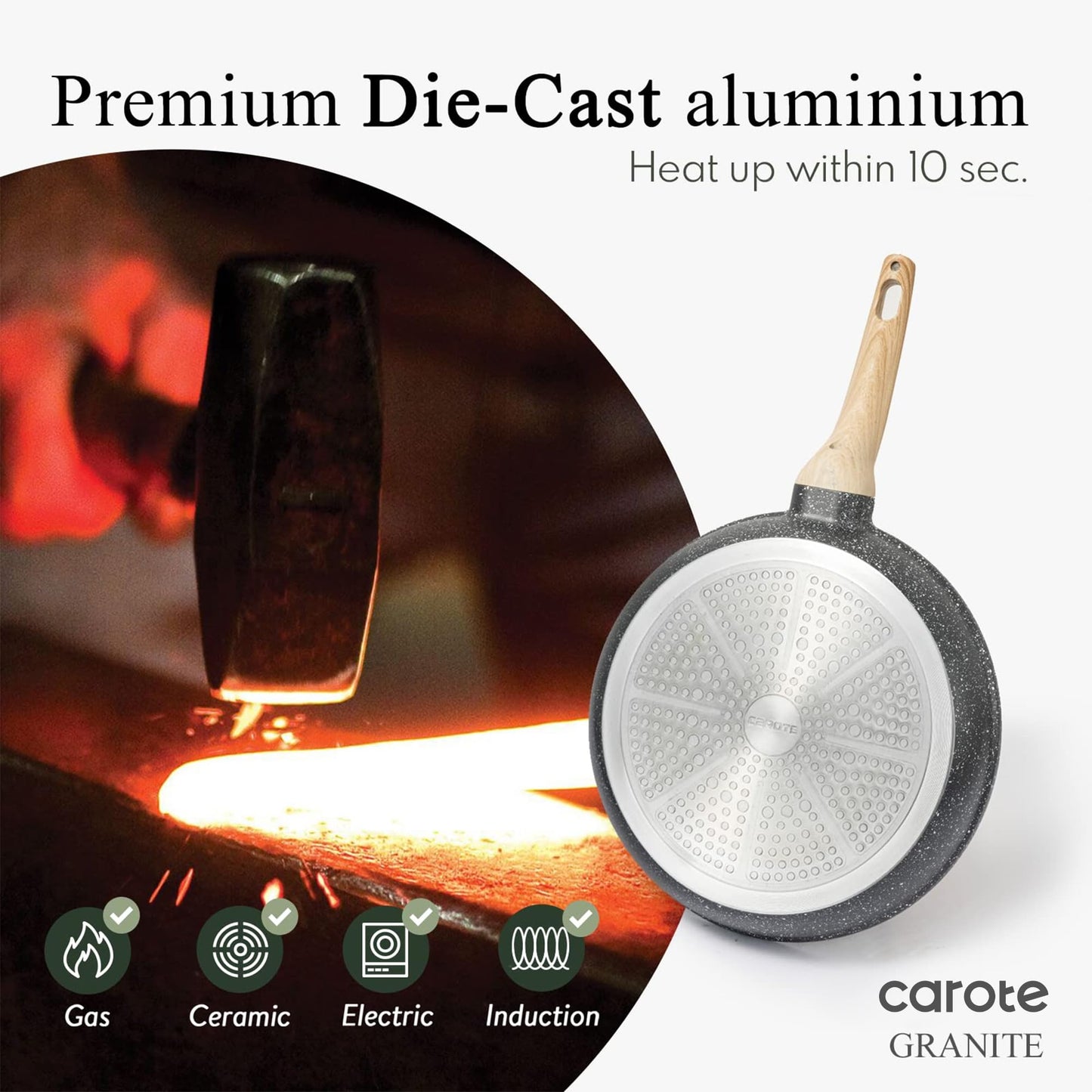 CAROTE Non Stick Frying Pan Skillet, Omelet Pan, Healthy Non Toxic Granite Chef Pan, Induction Compatible Egg Frying Pan with Heat-Resistant Handle, PFOA-Free,Black, 12"
