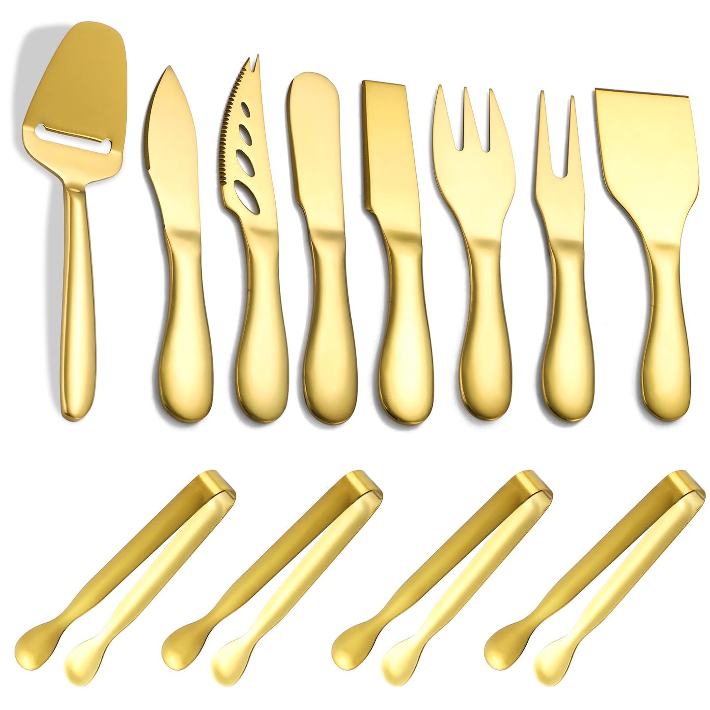 Premium Stainless Steel Gold Cheese Tool Set - 12 Piece Cheese Knife & Cheese Markers Gifts Set - Cut, Butter Spreader Slicer Mini Serving Tongs,Birthday Wedding Christmas All Your Favorite Cheeses