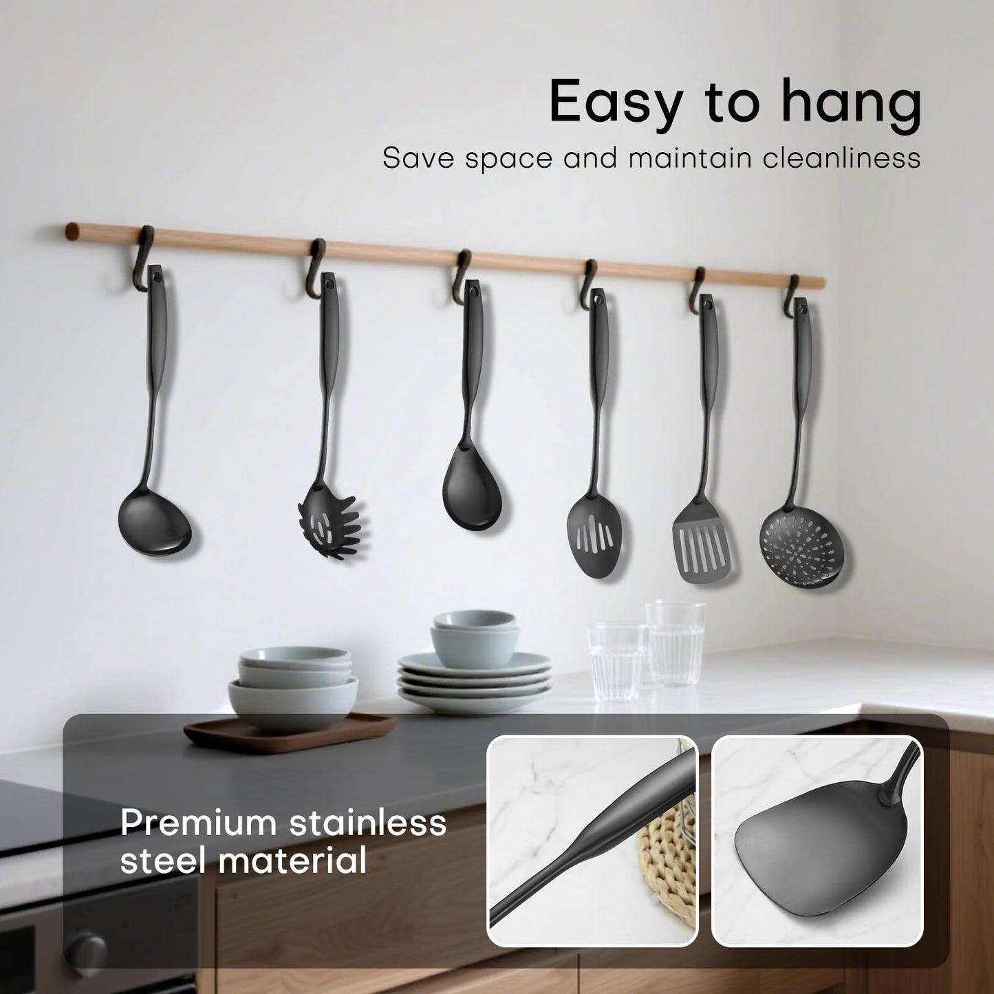 Lazycorner Kitchen Utensil Set 9-Piece Stainless Steel 304 Polished Mirror Finish Cooking Spoons, Slotted Spoon, Turner, Spatula, Pasta Spoon– Dishwasher Safe, Rust-Resistant