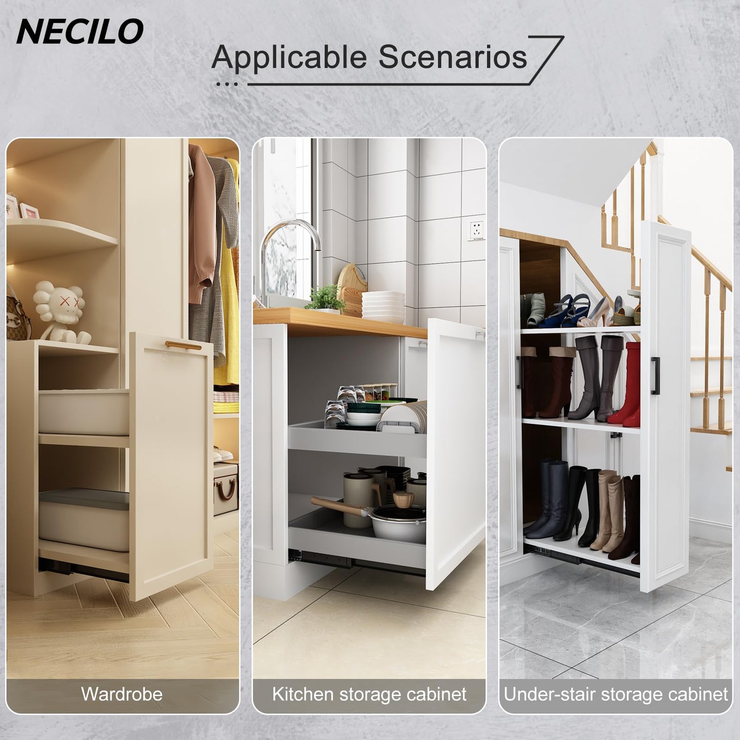 NECILO 36 Inch Undermount Heavy Duty Drawer Slides, 260 lbs Load Capacity, Full Extension Ball Bearing, Concealed Drawer Slides Suitable for Under-Stair and Base Cabinet, Bottom Mount, 1 Pair
