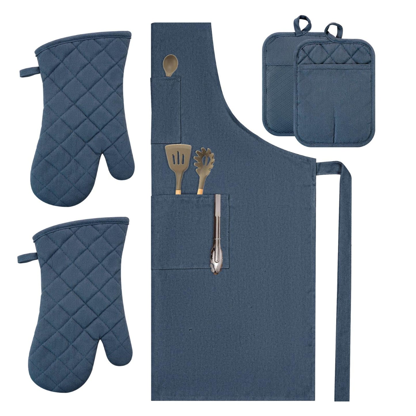 Oven Mitts and Pot Holders with Cooking Apron Set of 5, Heat Resistant Kitchen Gloves and Silicone Non-Slip Potholders, Adjustable Neck Buckle Chef Apron, Cotton Nice Design for Cooking (Navy…