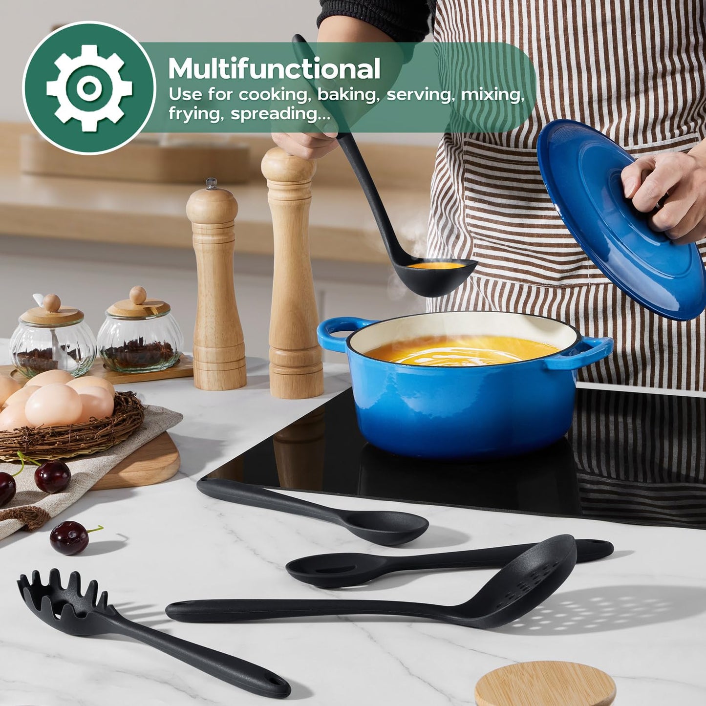 Onader Silicone Cooking Utensils Set, 10 Pieces Black Kitchen Utensils for Nonstick Cookware, Non Toxic & Dishwasher Safe