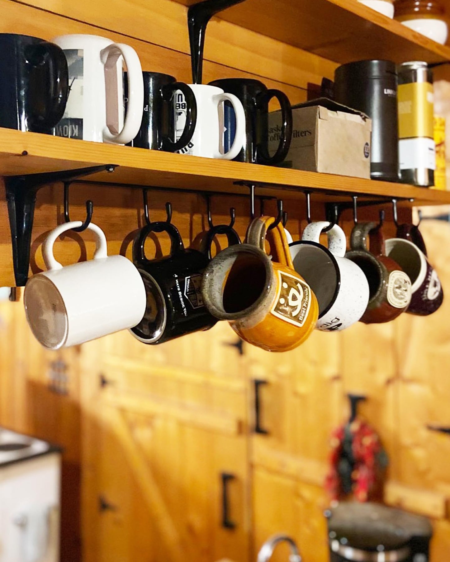 YQBOOM Mug Hanger Under Cabinet 3 Pcs Metal Coffee Hooks Wall Mounted Coffee Cup Rack Mug Storage Organizer for Kitchen Dining Bar - Black