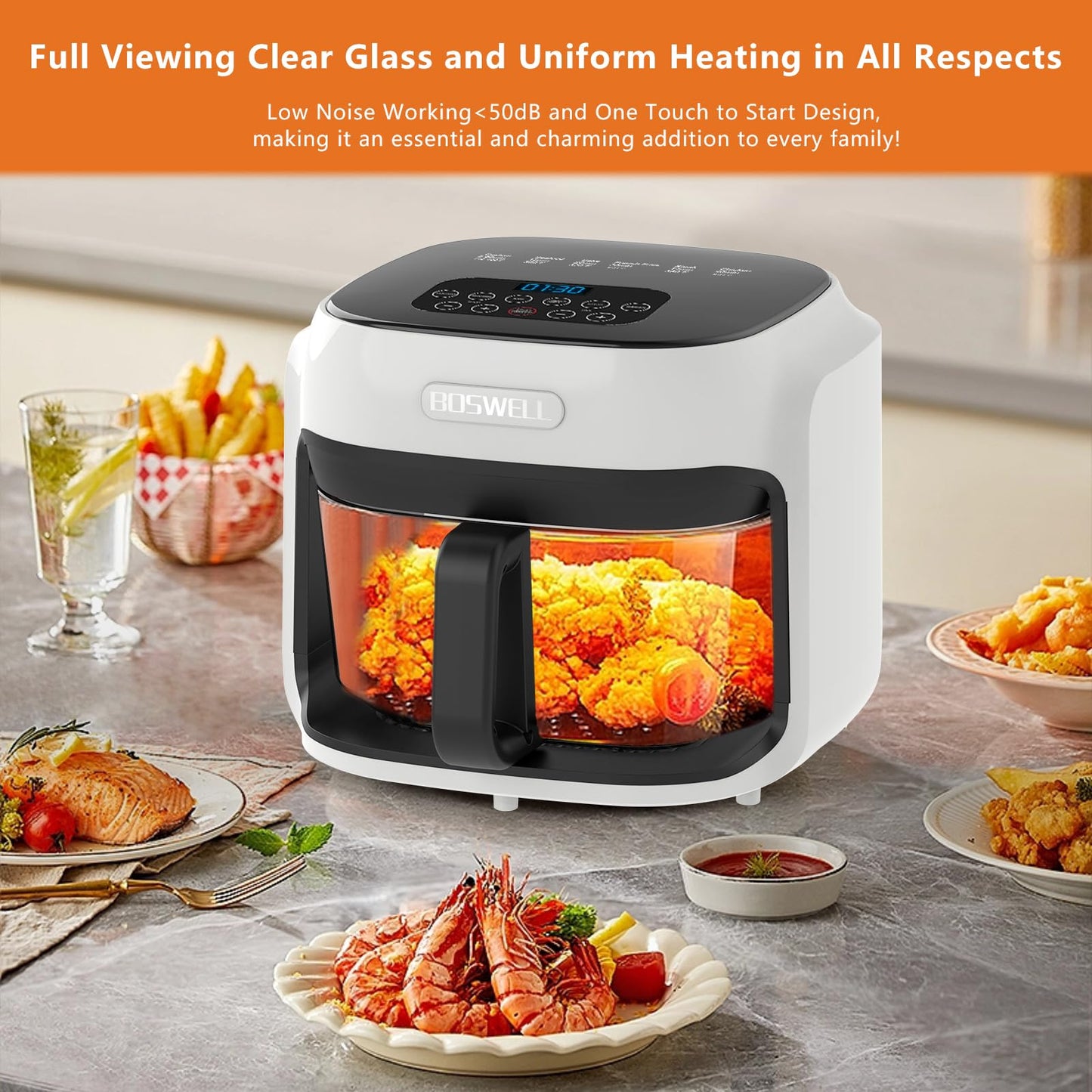 BOSWELL Glass Air Fryer, 7.5QT with Transparent Fry Bowl, Circulating Heating, Temperature Control, Air Fryer Roast, Dishwasher Safe (white)