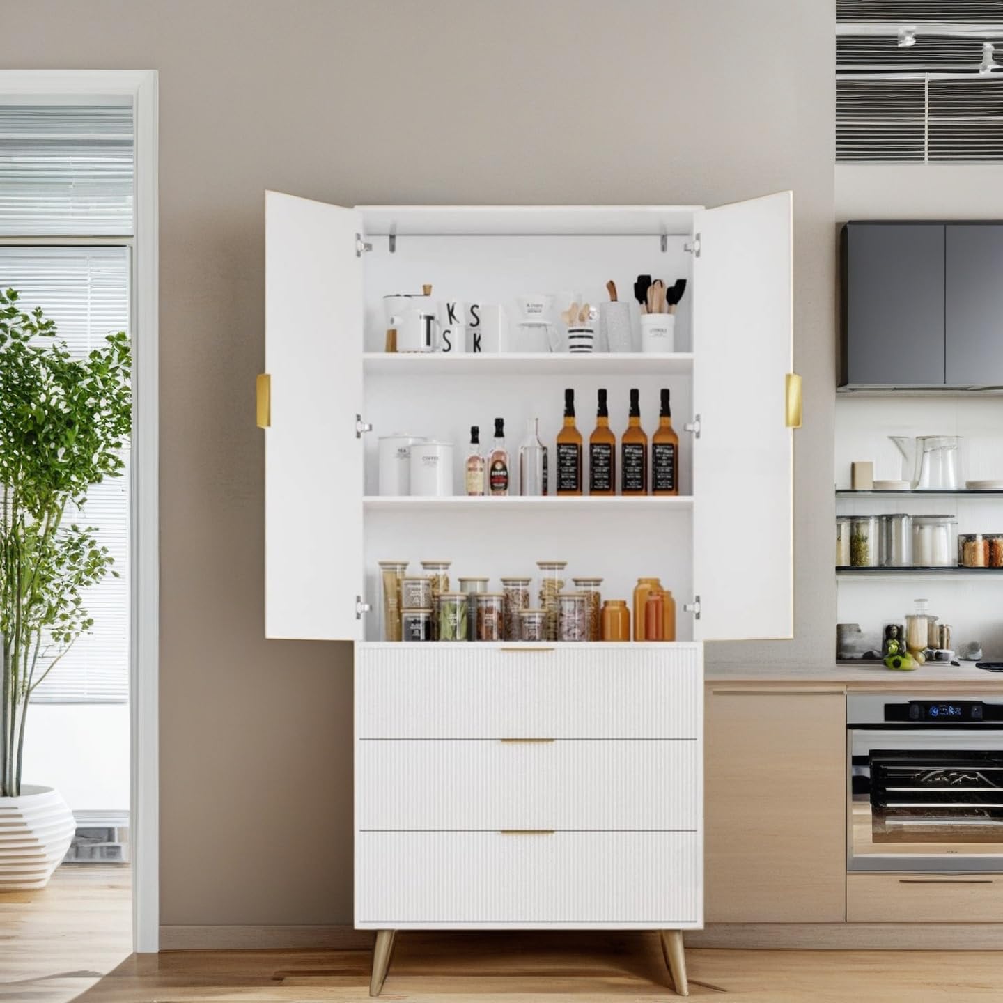 Topcomfy Tall Fluted Cabinet, Kitchen Pantry Cabinet with 2 Doors & Adjustable Shelves, Mid Century Modern Cabinet for Living Room, Dining Room, Entryway, Office, White