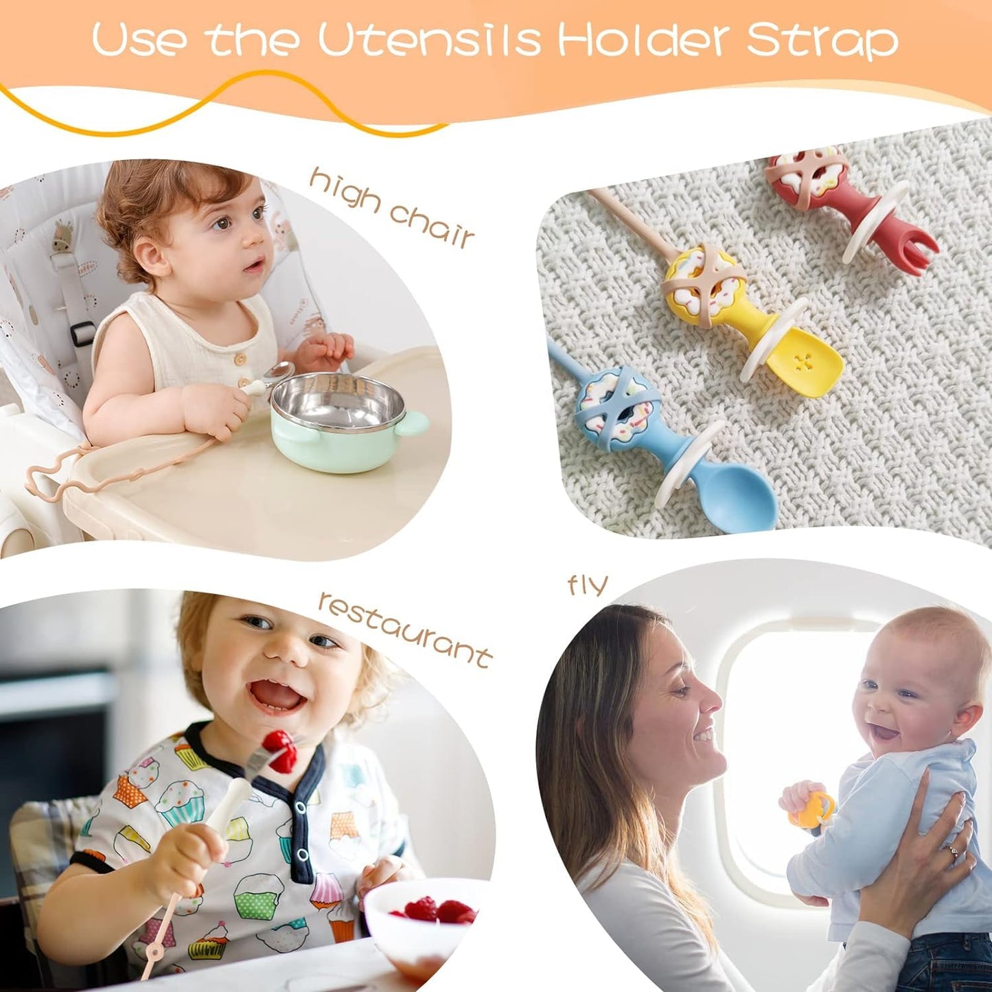 4PK Baby Spoon and Fork with Holder Straps for Kids Aged 6+ Months Self Feeding, No Throw Toddler Travel Essential Leash for High Chair or Bib or Wrist, Silicone Baby Led Weaning Supplies-Green/Green