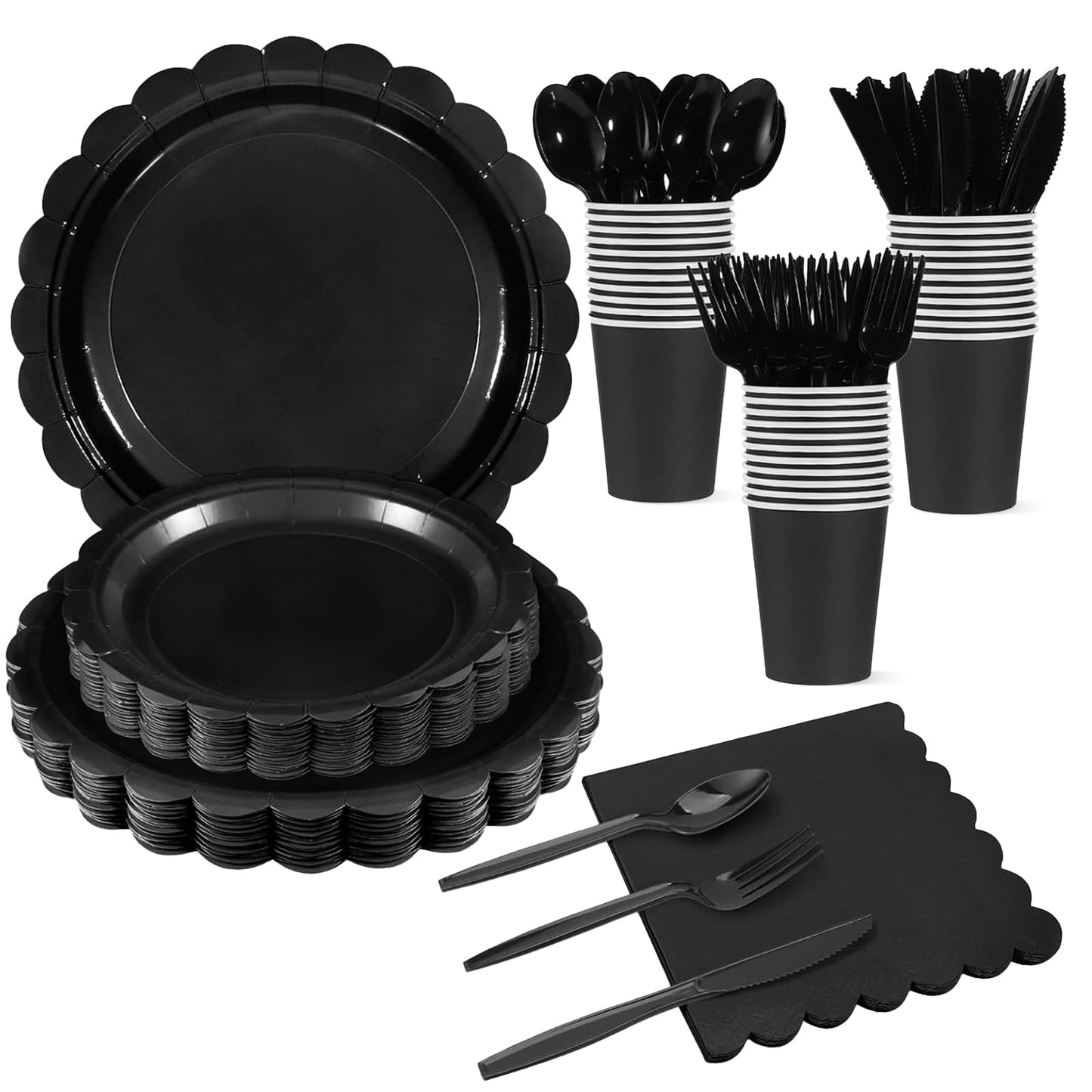 Xiangqu 175 Pcs Black Plates and Napkins 25 Guest Black Graduation Party Supplies Includes Scalloped Party Plate Napkins Cups Plastic Cutlery for 2026 Graduation, Birthday, New Year