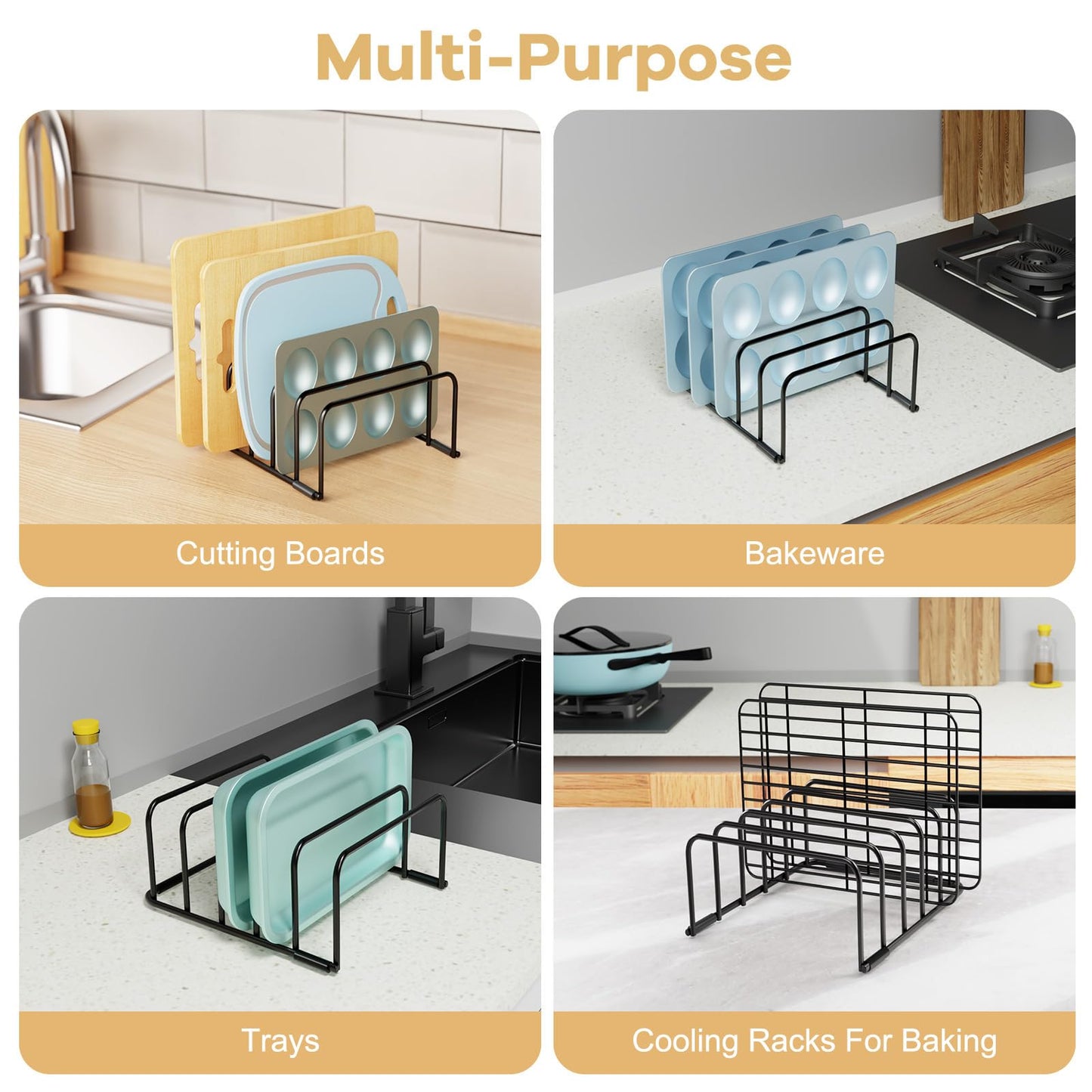 Fikoksol Cutting Board Organizer and Baking Sheet Rack, 1-Pack Black Heavy Duty Metal Cookie Sheet Organizer for Cutting Board Storage & Plate Holder for Cabinet, Tray Dividers for Cabinets