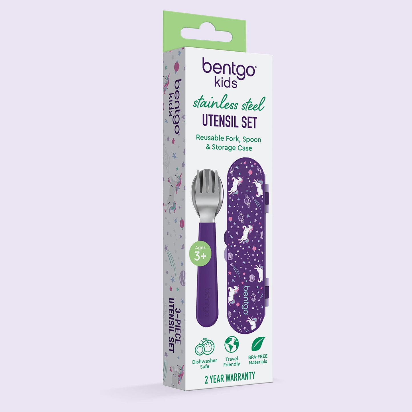 Bentgo Kids Stainless Steel Utensil Set - Reusable Fork, Spoon & Storage Case, PFAS- & BPA-Free, Easy-Grip Handles, Lightweight, Dishwasher Safe, School Lunch, Travel & Outdoors (Unicorn)