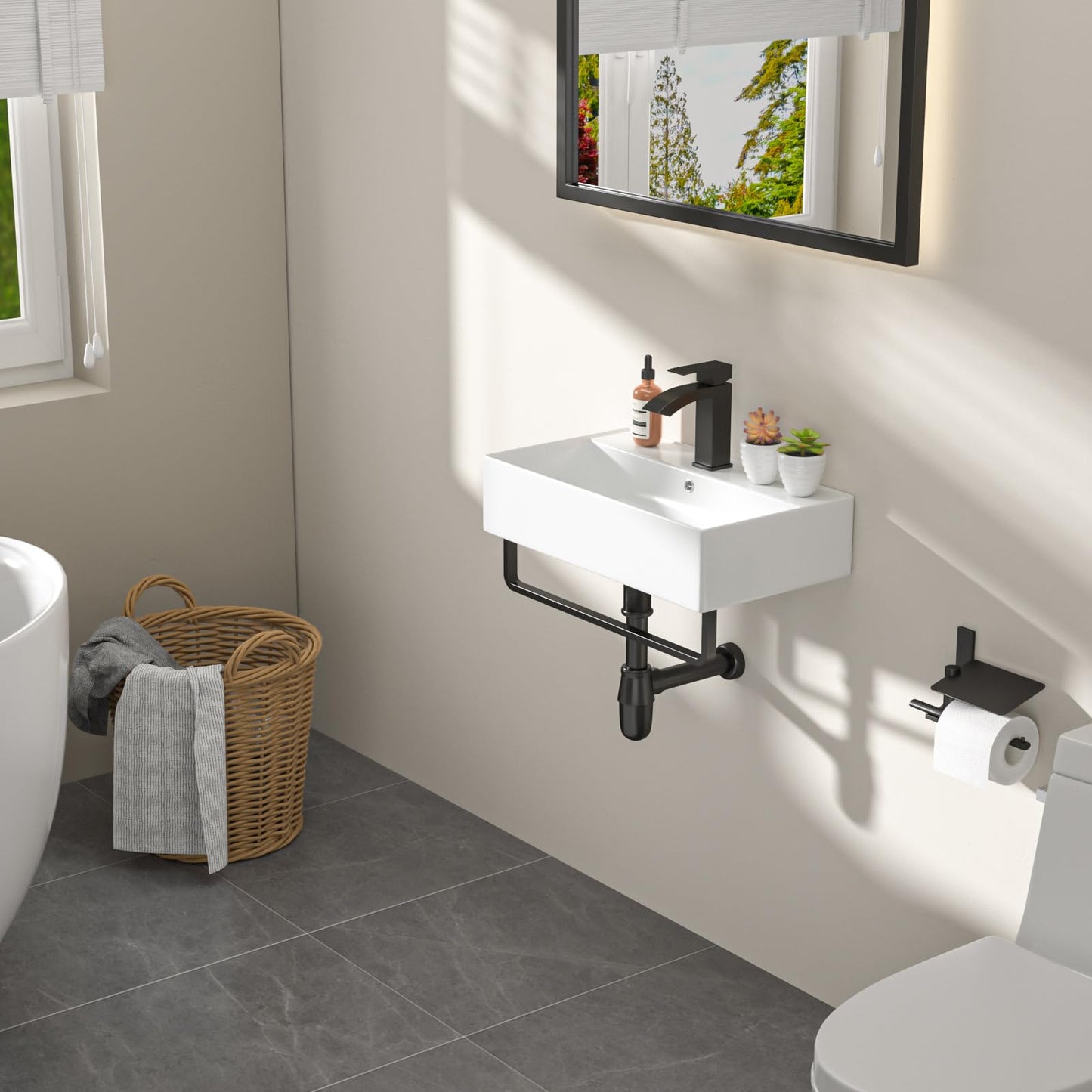 Dcolora 21 In. White Wall Mounted Bathroom Sink, Rectangular Ceramic Wall Hung Sink with Black Faucet & Towel Rack, Space-Saving Basin for Small Bathrooms #DC-SFDOE00089