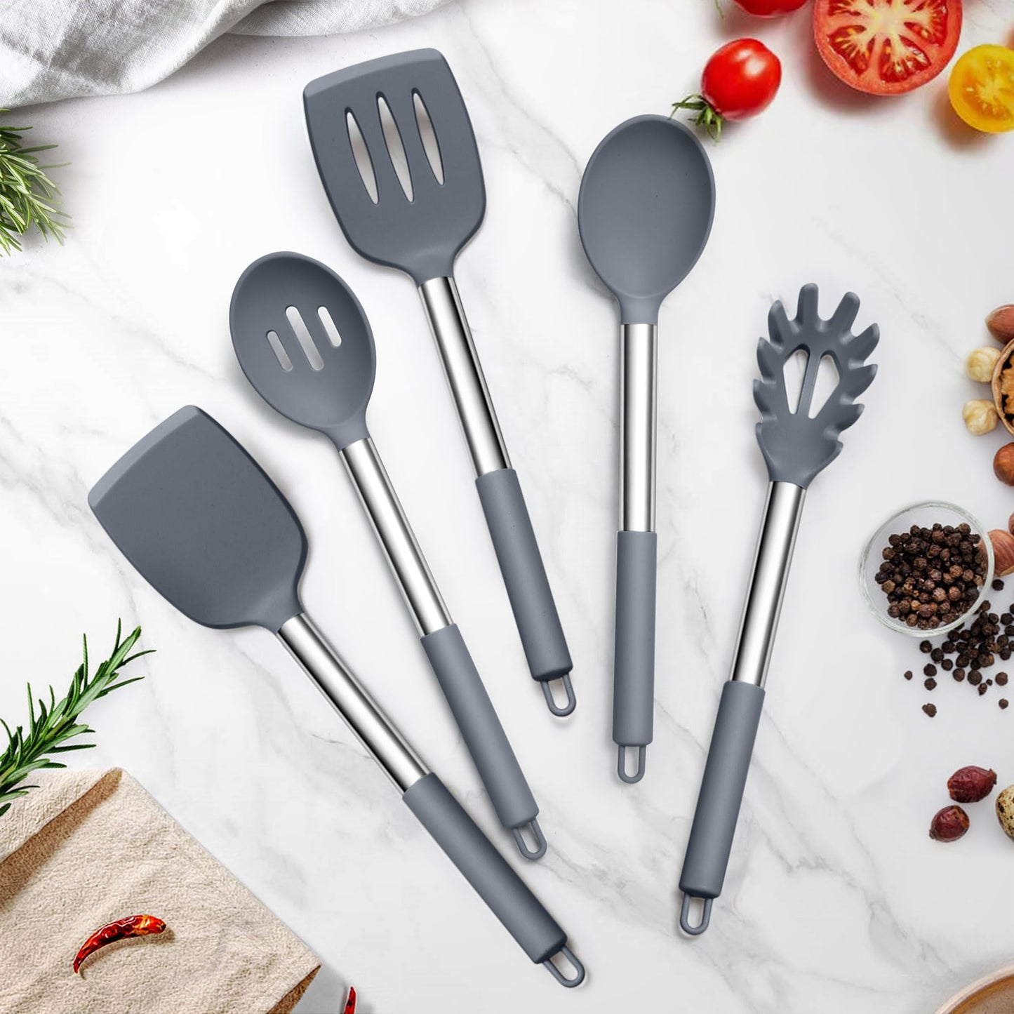 TeamFar Silicone Cooking Utensils Set, 5 PCS Heat-Proof Kitchen Utensils with Stainless Steel Handle, Turner/Spoon/Pasta Server for Nonstick Cookware Frying Flipping Draining, Light Grey
