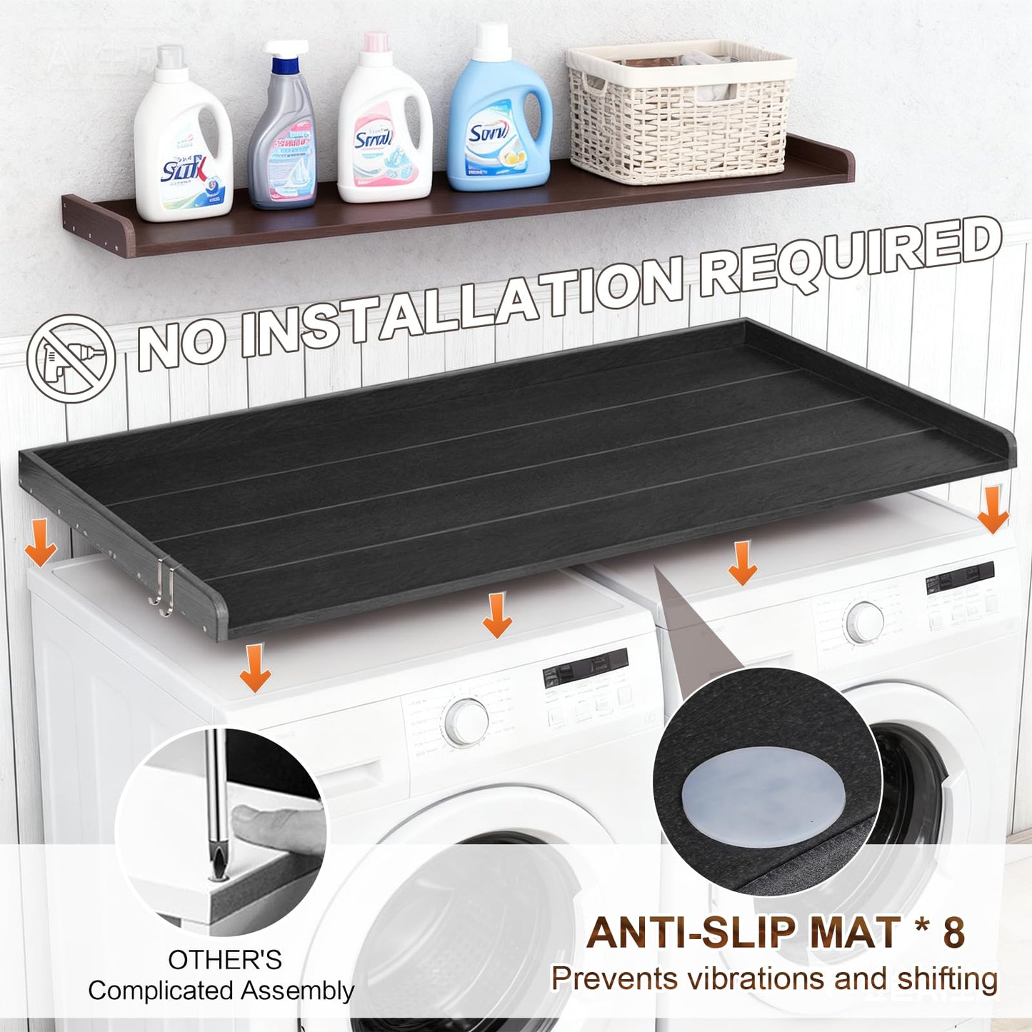 Chormtok Washer Dryer Countertop, HDPE Laundry Countertop with Edge Rails, No-Installation-Black