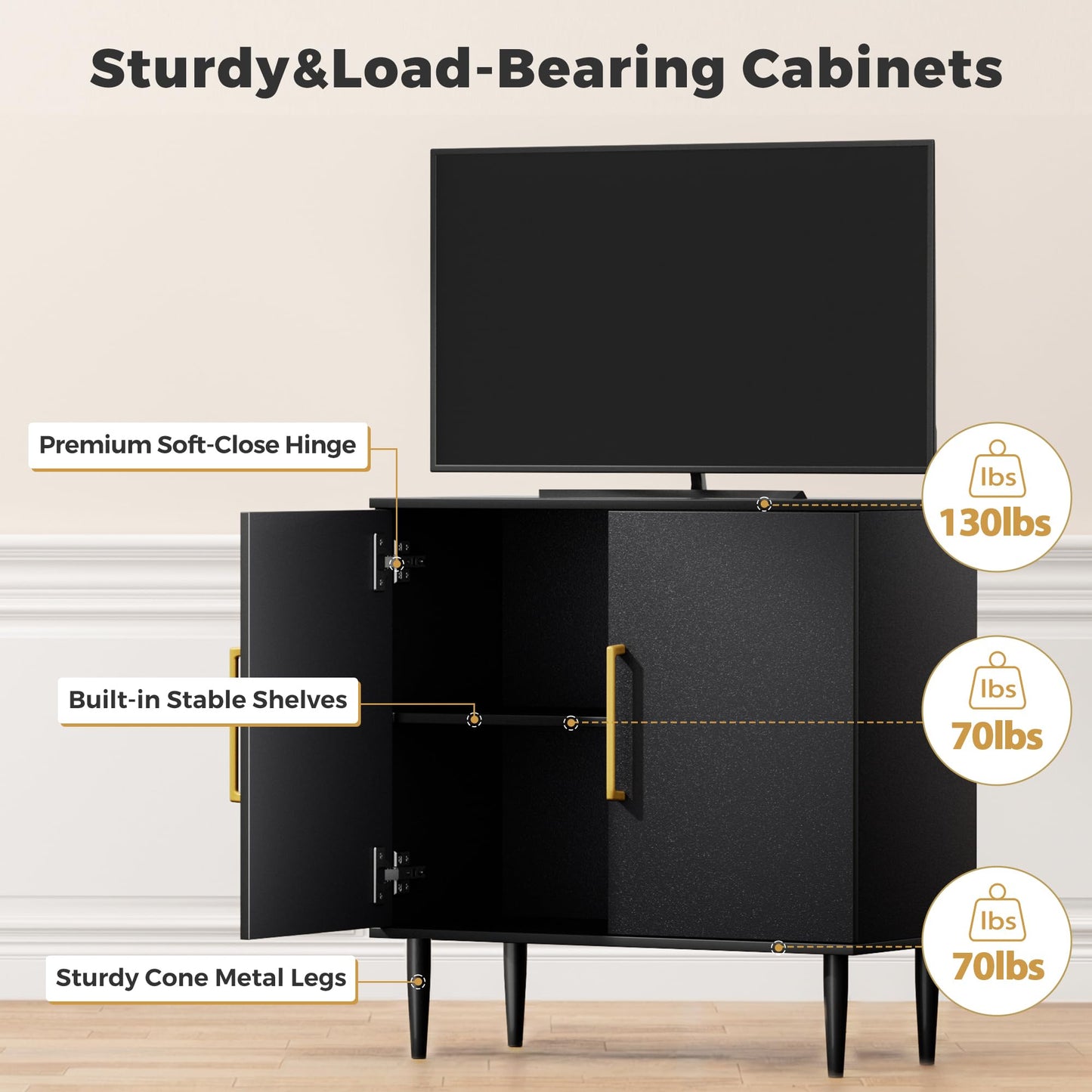 Vrullu Modern Storage Cabinet, Free Standing Buffet Cabinet, Black Sideboard and Buffet Storage, Wood Accent Furniture for Living Room, Hallway, Entryway, Dining Room (1, Black)