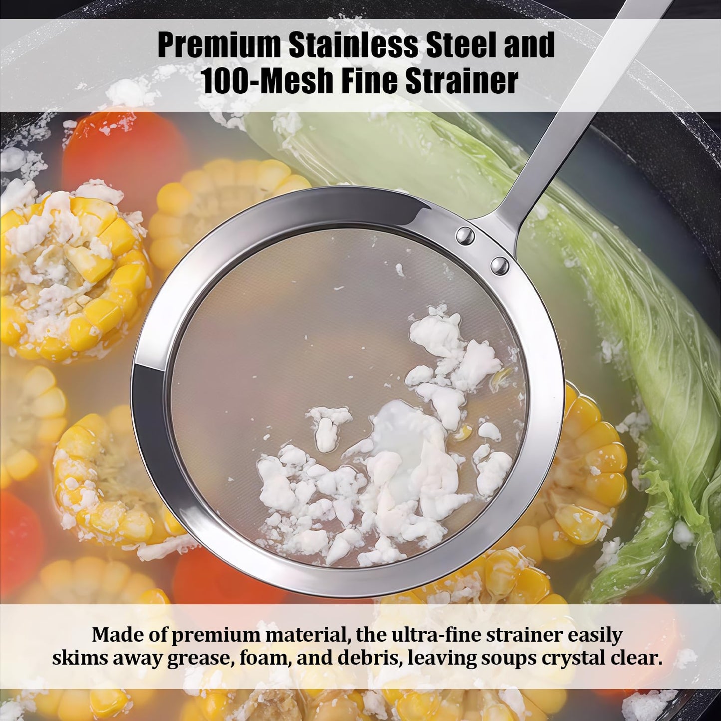 3 Pack Fat Skimmer Spoon Multi-Functional Stainless Steel Hot Pot Fat Strainer with Fine Mesh (4”, 4.7”, 5.5”) Long Handle for Frying, Soup, Quinoa, Miso