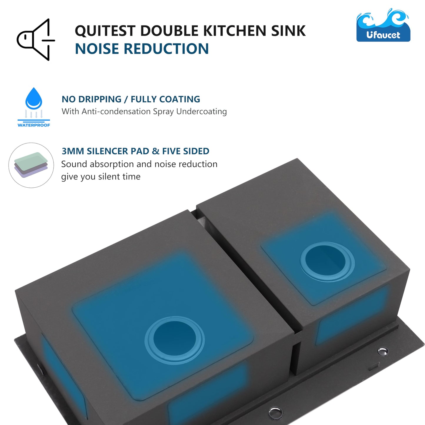 UFaucet 60/40 Drop In Double Bowl Kitchen Sink Black, 33x22 Inch Gunmetal Black Drop In Kitchen Sink Ledge Workstation 16 Gauge Stainless Steel Topmount Dual Basin with Cutting Board