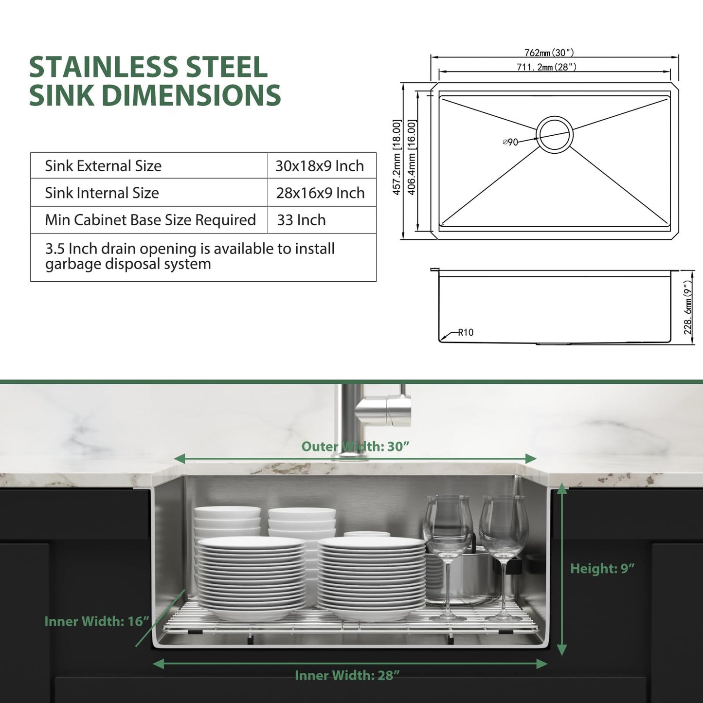 30 Inch Undermount Kitchen Sink - Couoko 30x18 Undermount Single Bowl Kitchen Sink 16 Gauge Stainless Steel Deep Handmade Round Corner Under Counter Kitchen Sink with Accessories