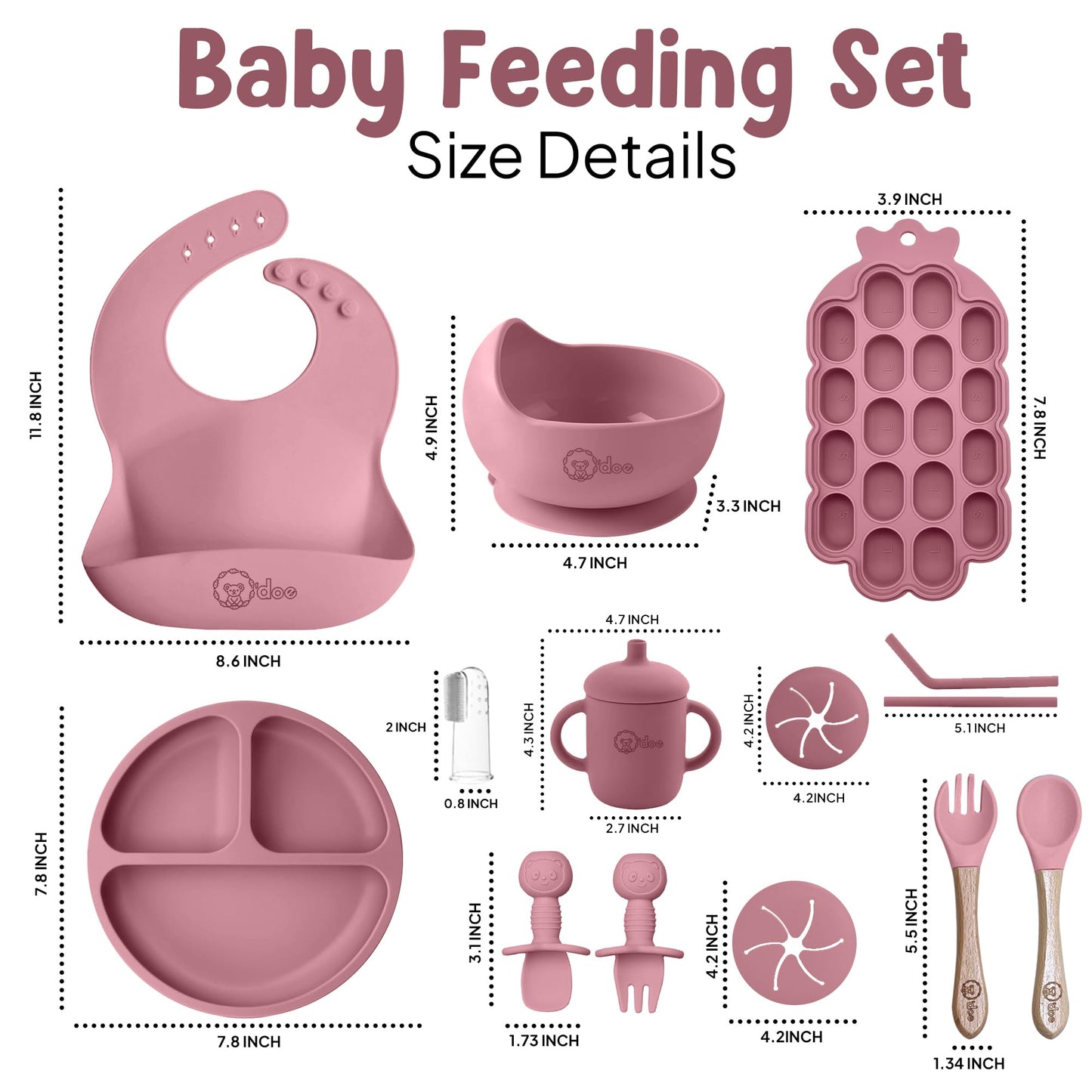 O'doe Baby Weaning Set โ 15 Pcs Silicone Baby Feeding Set with Suction Plate, Bowl, Bib, Sippy Cup, Fruit Feeder & Freezer Tray โ Baby Plates and Bowls Set for 3M+ | BPA-Free Baby Dishes & Utensils