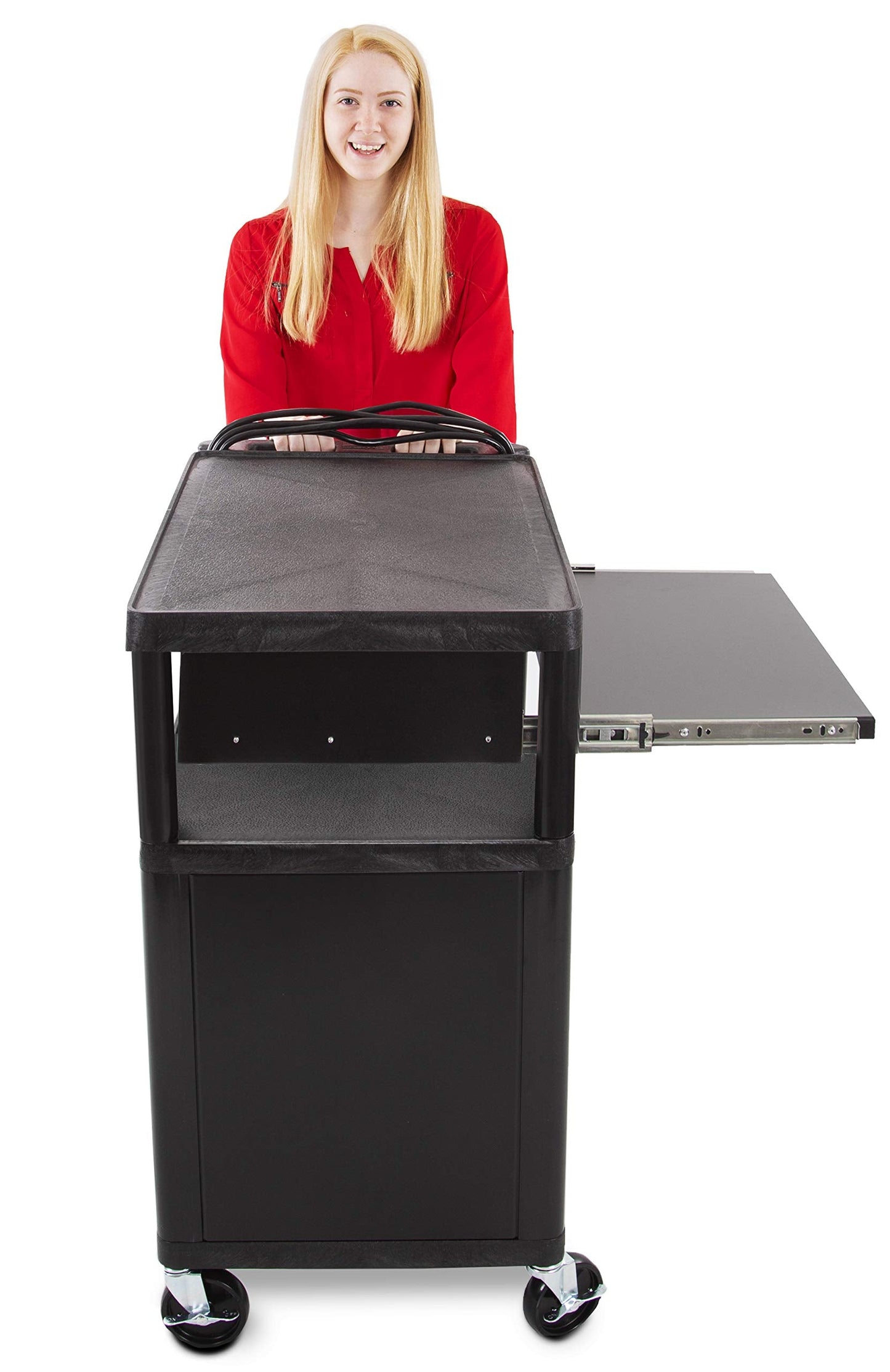 Line Leader Plastic AV Cart with Keyboard Tray and Locking Metal Cabinet, Heavy Duty Mobile Workstation with 4 Rolling Casters, 2 Locking Brakes, Heavy Duty, Holds up to 100 lbs (34 Inch w Cabinet)
