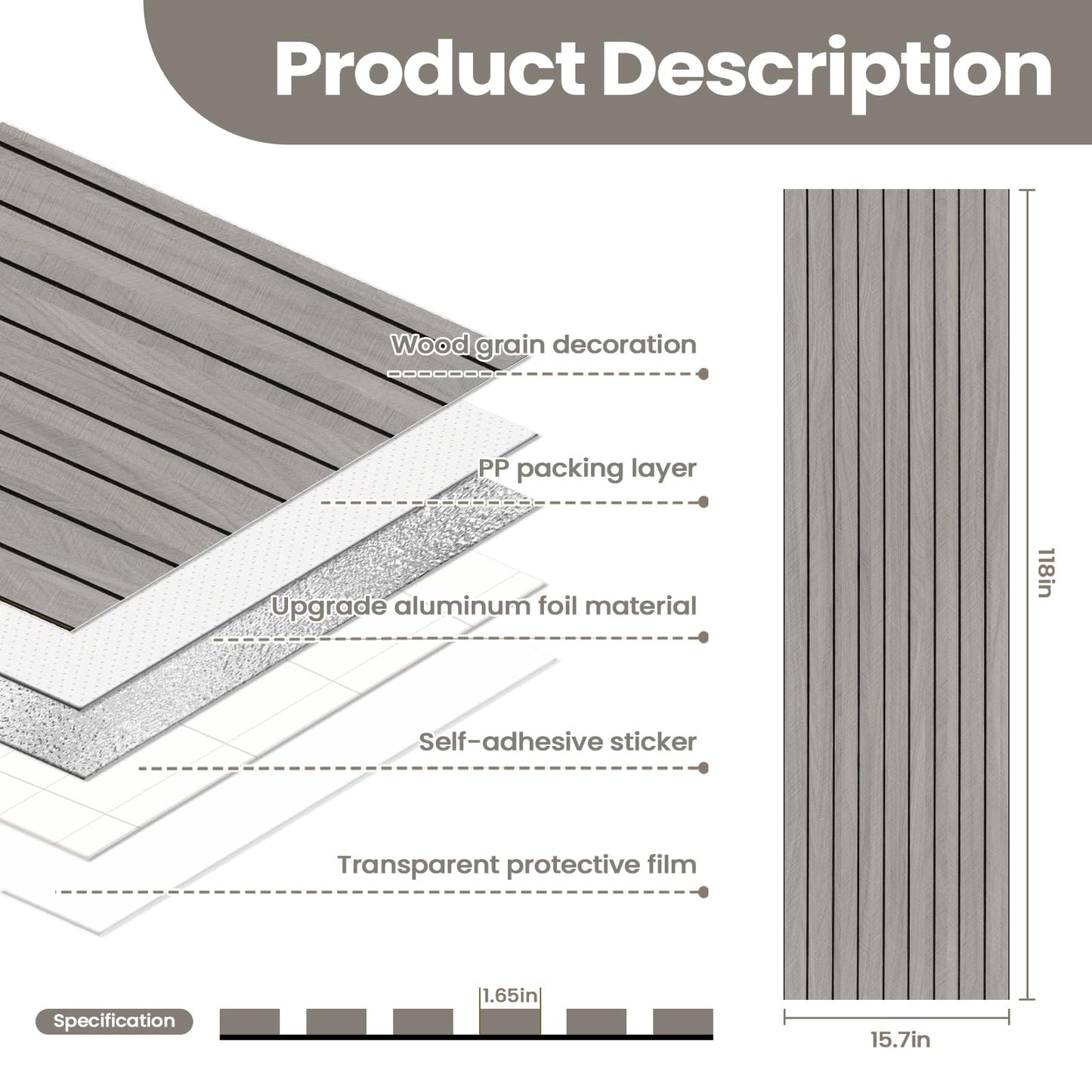 Abyssaly PVC 3D Wood Wall Panels Peel and Stick - 118" x 15.7" Gray Faux Wood Slat Wallpaper - Wooden Grain Look Self-Adhesive Waterproof Paneling - Soundproof Walls Panel for Interior Wall Decor
