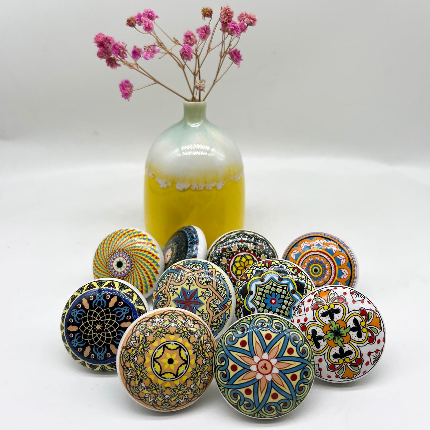 YOUYOUULU Bohemian Ceramic Knobs - 10Pcs Round Porcelain Knobs - Exquisite Ceramic Bohemian Handles - Bohemian Style Cabinet Knobs