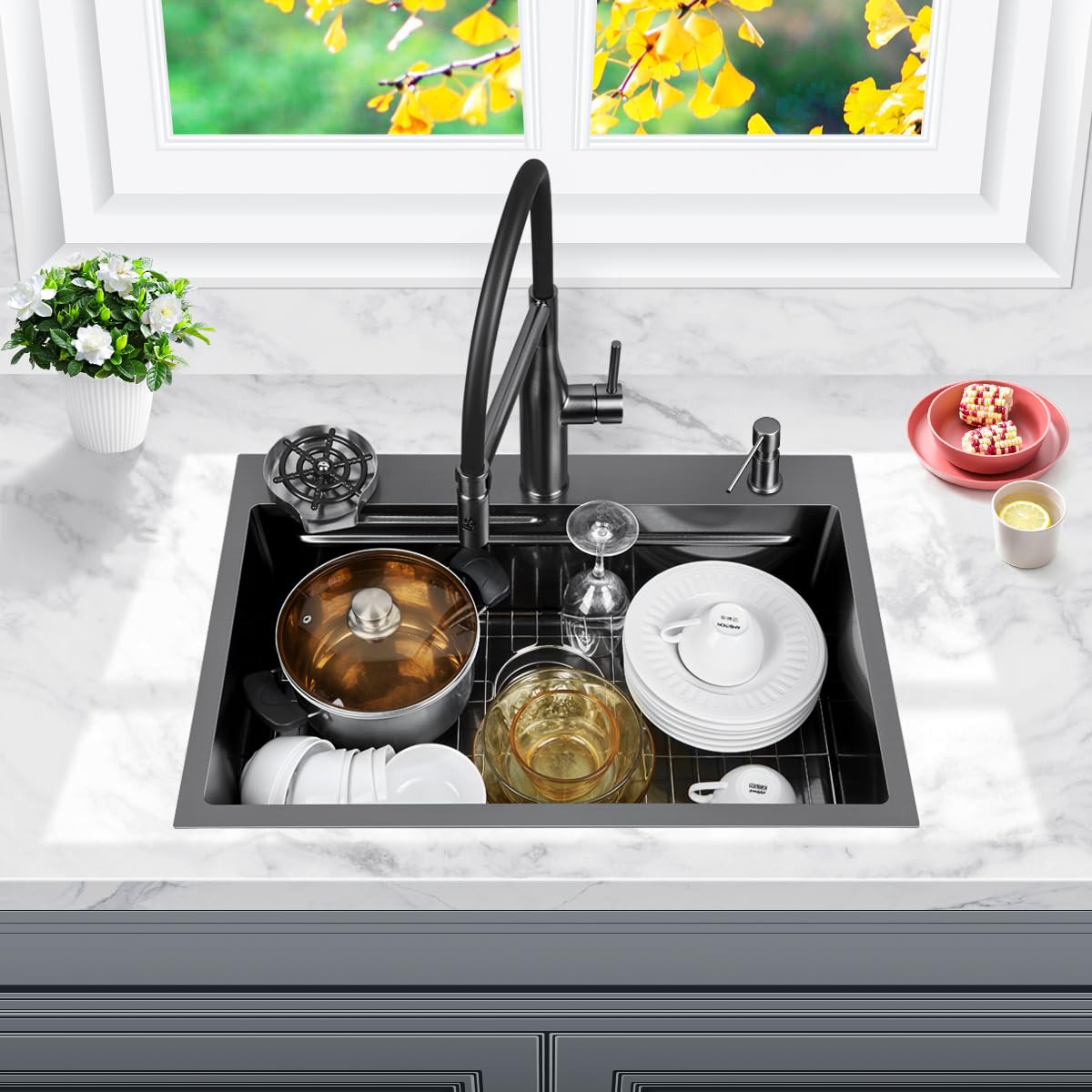 FRANIC 26" Handmade Black Bar Workstation Sink, 26" x 18" x 8" Stainless Steel Matte Nano Black Topmount Single Bowl Small Kitchen Outdoor Sink