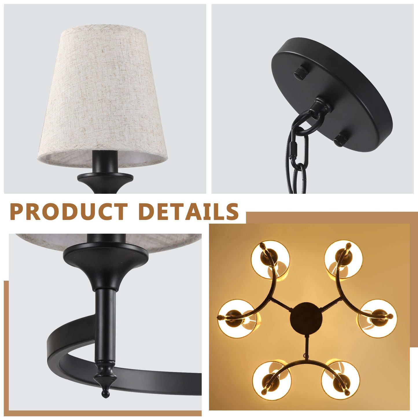Xeruyiwa Black Industrial Farmhouse Chandelier, 27.2" 6-Light Pendant Light with Linen Fabric Shades, Adjustable Hanging Fixture for Kitchen Island Dining Room Bedroom Entryway