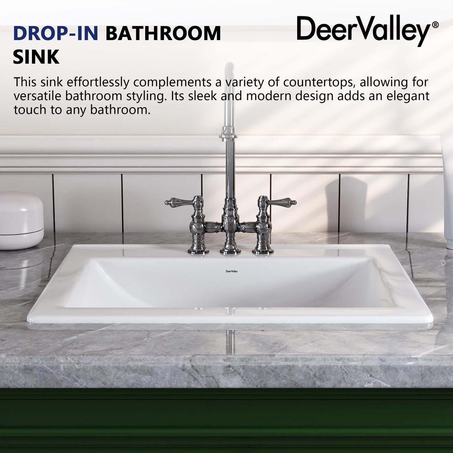 DeerValley 21x18 Inch Rectangular Ceramic Drop-in Bathroom Sink, Under Counter Vessel Sink with Overflow, White Vanity Basin