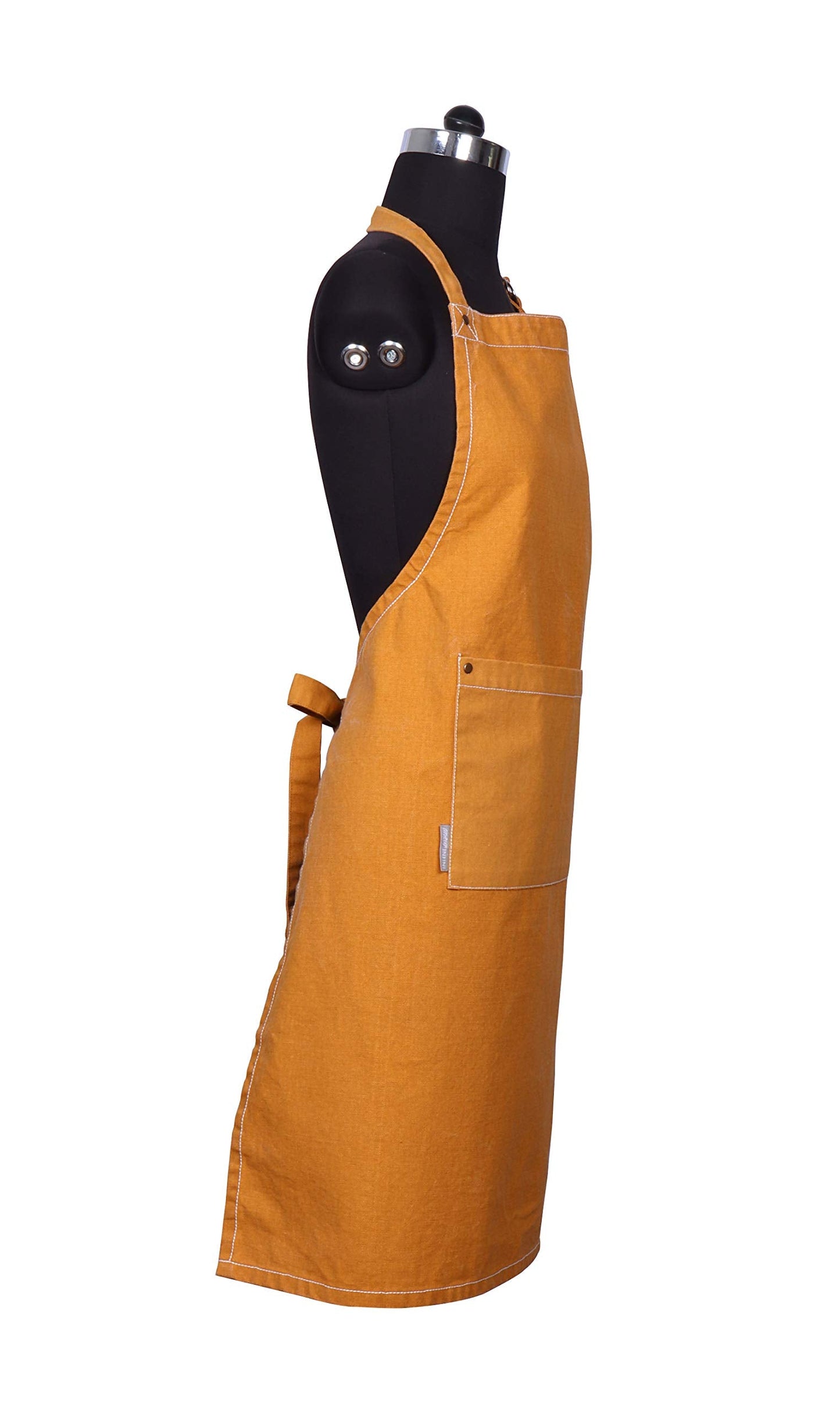AMOUR INFINI Cotton Solid Aprons for Women with Pocket, Adjustable Strap and Waist Ties Washed Chef Aprons for Cooking, Baking and Gardening (27.5 x 33 Inches - Yellow)