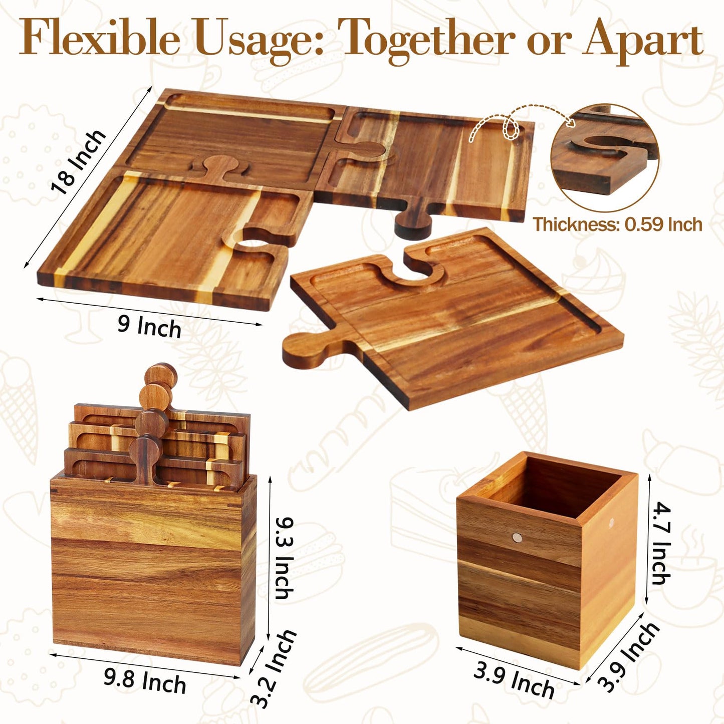 Wooden Charcuterie Boards Set of 4, Cheese Board Platter, Charcuterie Tray Serving Platter, Acacia Wood Serving Board Appetizer Tray with Mag Storage Holder, for Hosting Entertaining Party Birthday