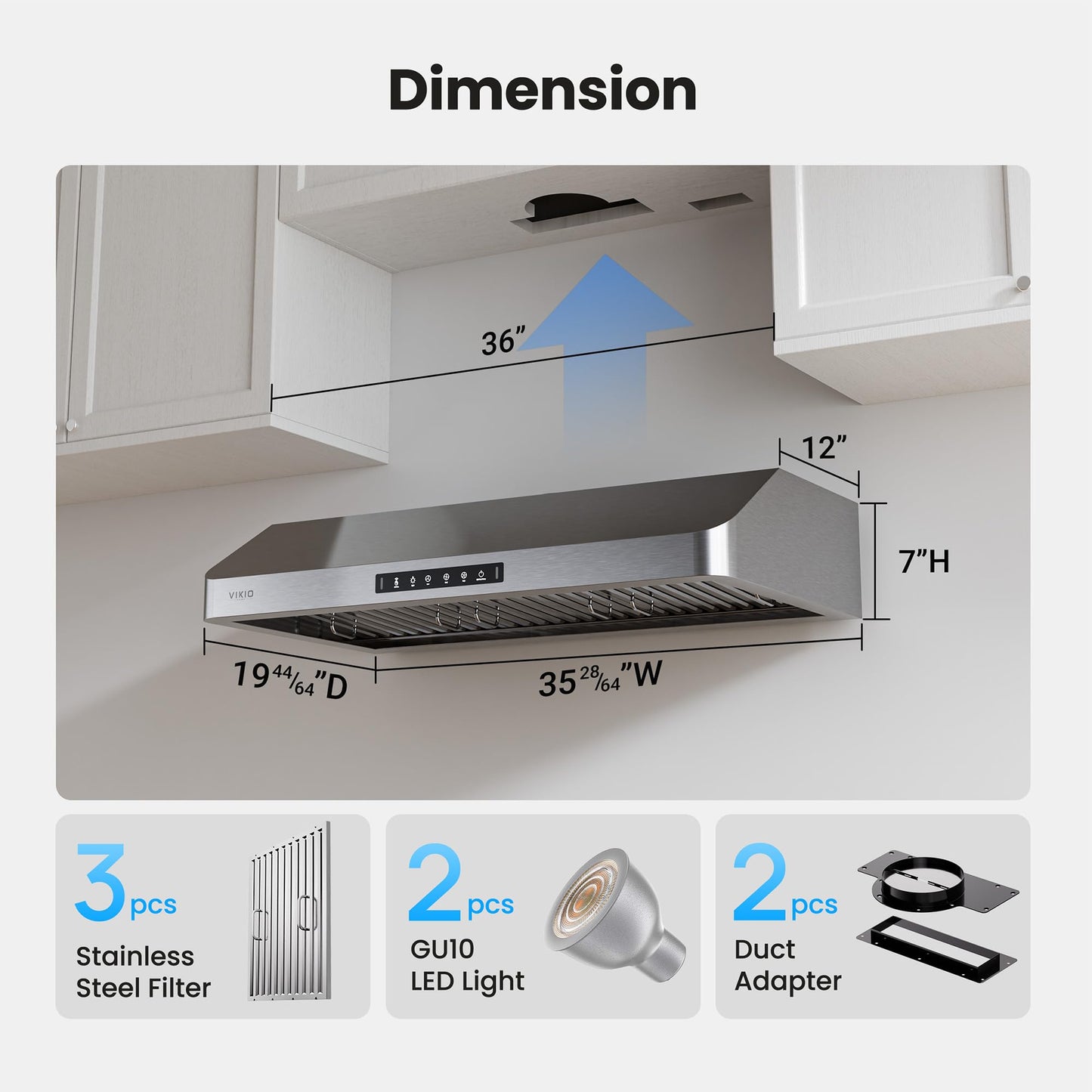 VIKIO HOME Range Hood 36 Inch Under Cabinet, Kitchen Hood with 980 CFM, 3-Speed Gesture Sensing & Touch Control Panel, Stainless Steel Vent 3 Pcs Baffle Filters with Handlebar, Ducted, LED light