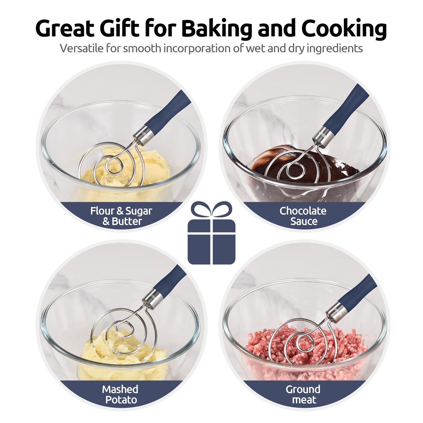 U-Taste 12.6" Danish Dough Whisk: 18/8 Stainless Steel Heavy-Duty Sourdough Mixer Tool, Food Grade Dutch Style Seamless Bread Wisk, Sturdy for Mixing, Stirring, Kneading Thick Batter (Midnight Blue)
