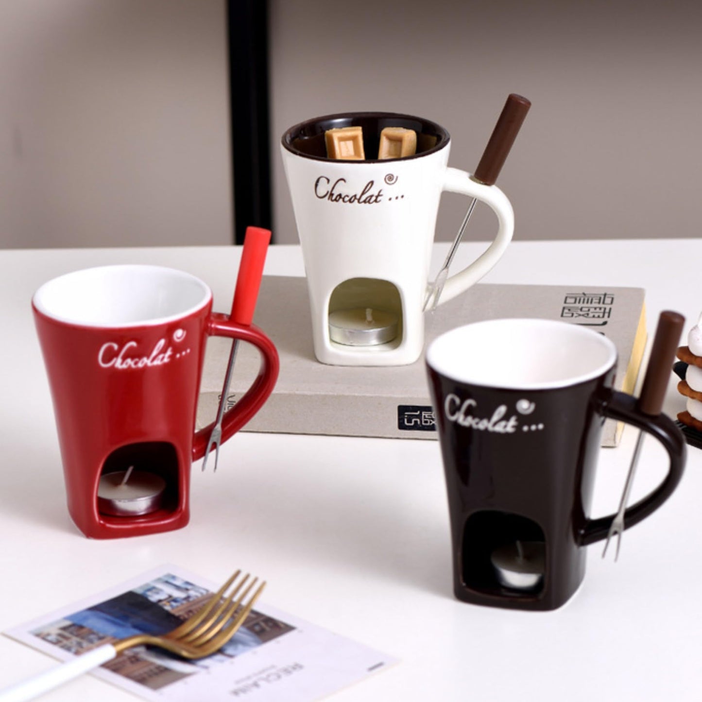 Fondue Cup, Chocolate Melting Fondue Mugs Set of with Forks and Candle, Ceramic Chocolate Melting Cup, Mini Chocolate Fondue Cups Set For Date Night Birthday Wedding Gifts (Red)