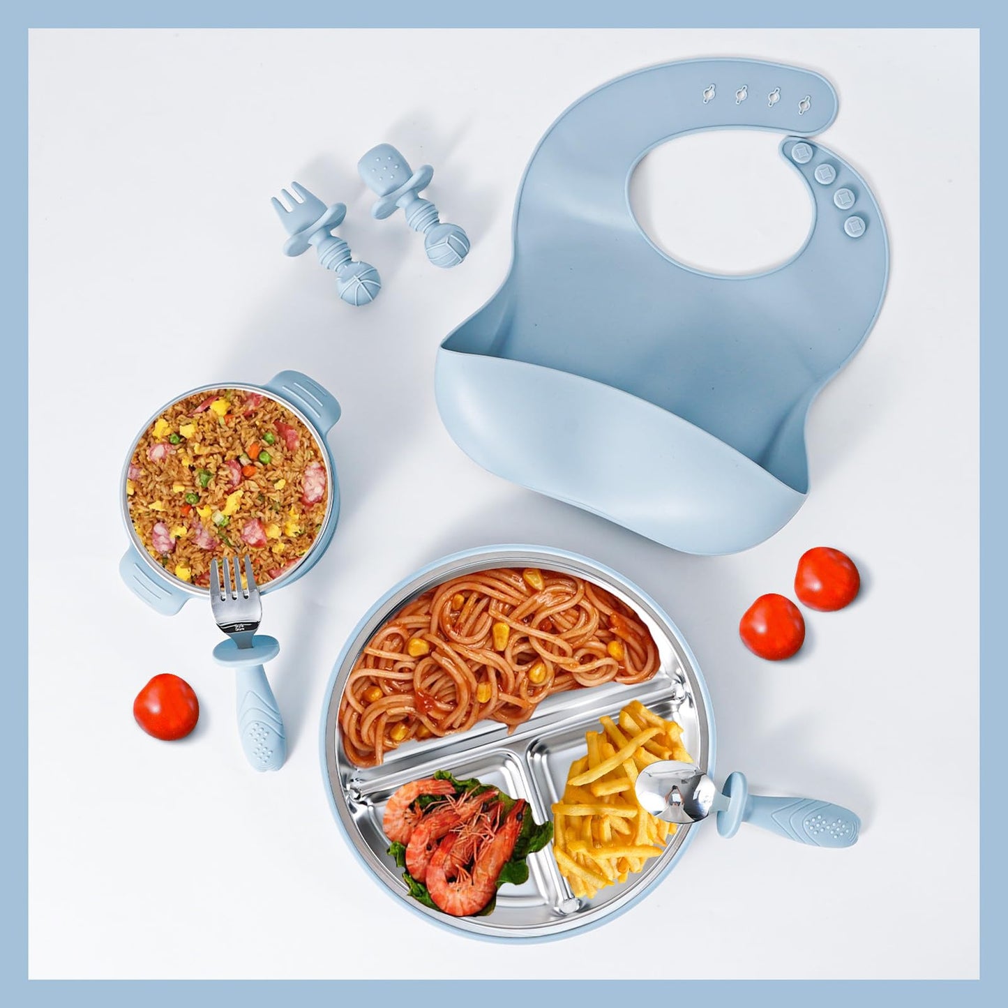7 Pieces 304 Stainless Steel Baby & Toddler Feeding Set - Suction Divided Plates, Bowls, Silicone & Stainless Spoon Fork,Pocket Bib Unbreakable, Dishwasher Safe Kids Dinnerware Essentials (Blue)