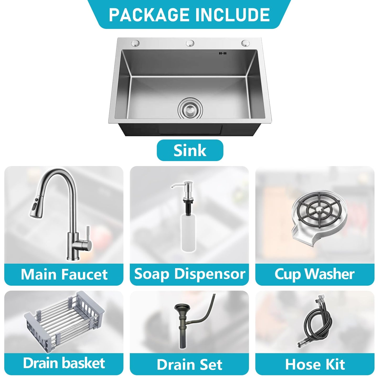 YINXSLO Stainless Steel Kitchen Sink with Faucet, Single Bowl Top Mount/Drop-In 3 Hole Single Bowl Workstation Sink with Cup Washer, Soap Dispenser, Drainage kit for Bar, Kitchen, Balcony (20 * 18in)