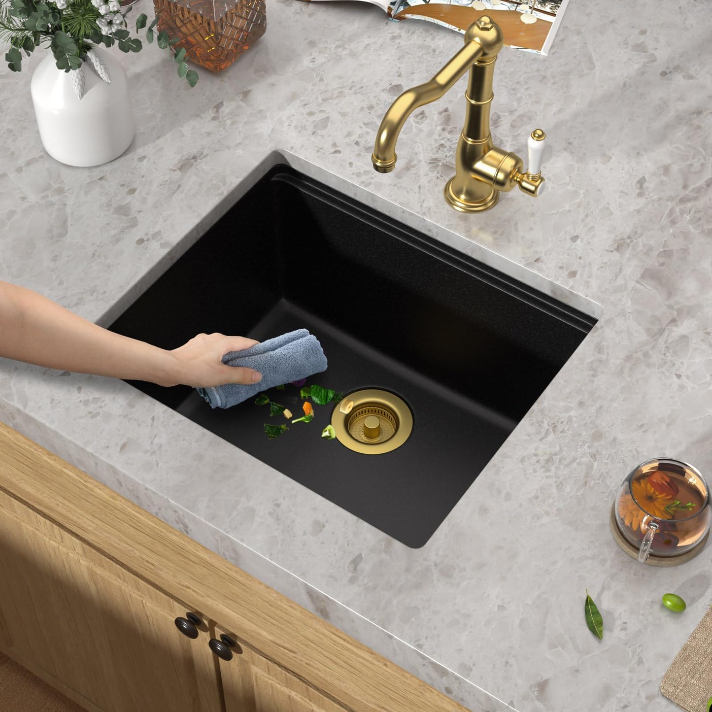 Talllor 21x18 Inch Undermount Bar Sink Workstation - Matte Black Granite Composite Single Bowl Classic Quartz Under Counter Wet Prep Sink for Kitchen Bar, RV, Boat, and Outdoor #TLGU-129