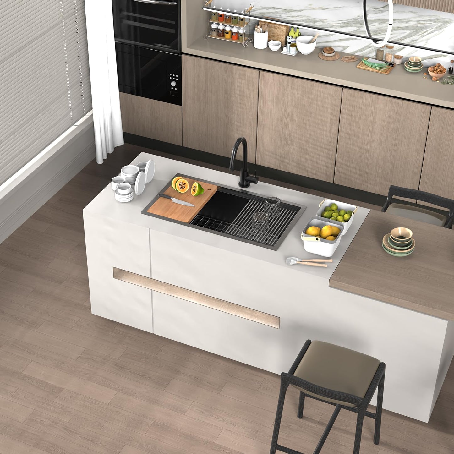Black Kitchen Sink Workstation,32"x18" Stainless Steel Undermount Single Bowl Sink Built-in Ledge Drop In Workstation Sink Design For Placing/Sliding Accessories-Cutting Board,Drying Rack