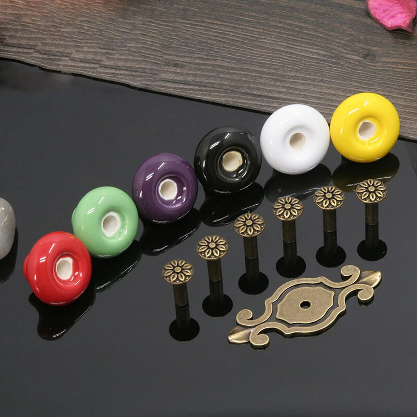 HUAMULAN 10 Pack Retro Ceramic Pulls,Vintage Dresser Kitchen Petal Cabinet Knobs Zinc Alloy Base Back Plate Kid Cupboard Wardrobe Drawer Door Handles,Bronze+Red