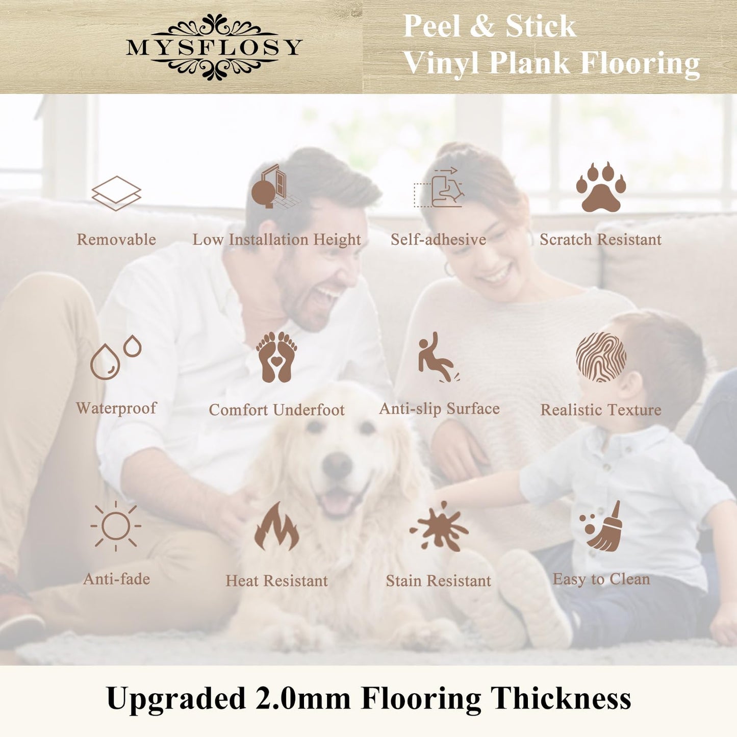 Mysflosy Self-Adhesive Vinyl Flooring Plank, 36 Pack - 6 x 36 inch, Natural Wood Grain Peel and Stick Flooring Waterproof for DIY Installation, Cover 54 Sq. Ft