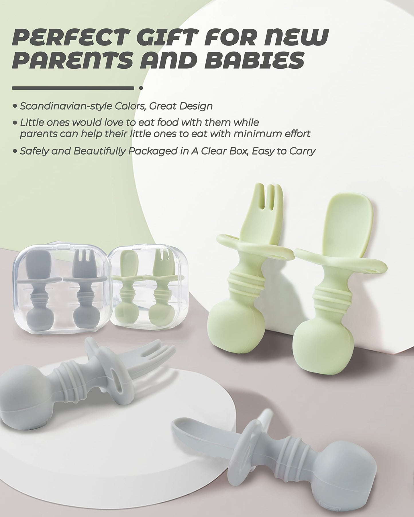 DF DUALFERV 4 Pcs Baby Spoons Self Feeding 6 Months, Silicone Baby Spoons First Stage and Baby Fork, Toddler Utensils for Baby Led Weaning with 2 Cases (Green, Grey)