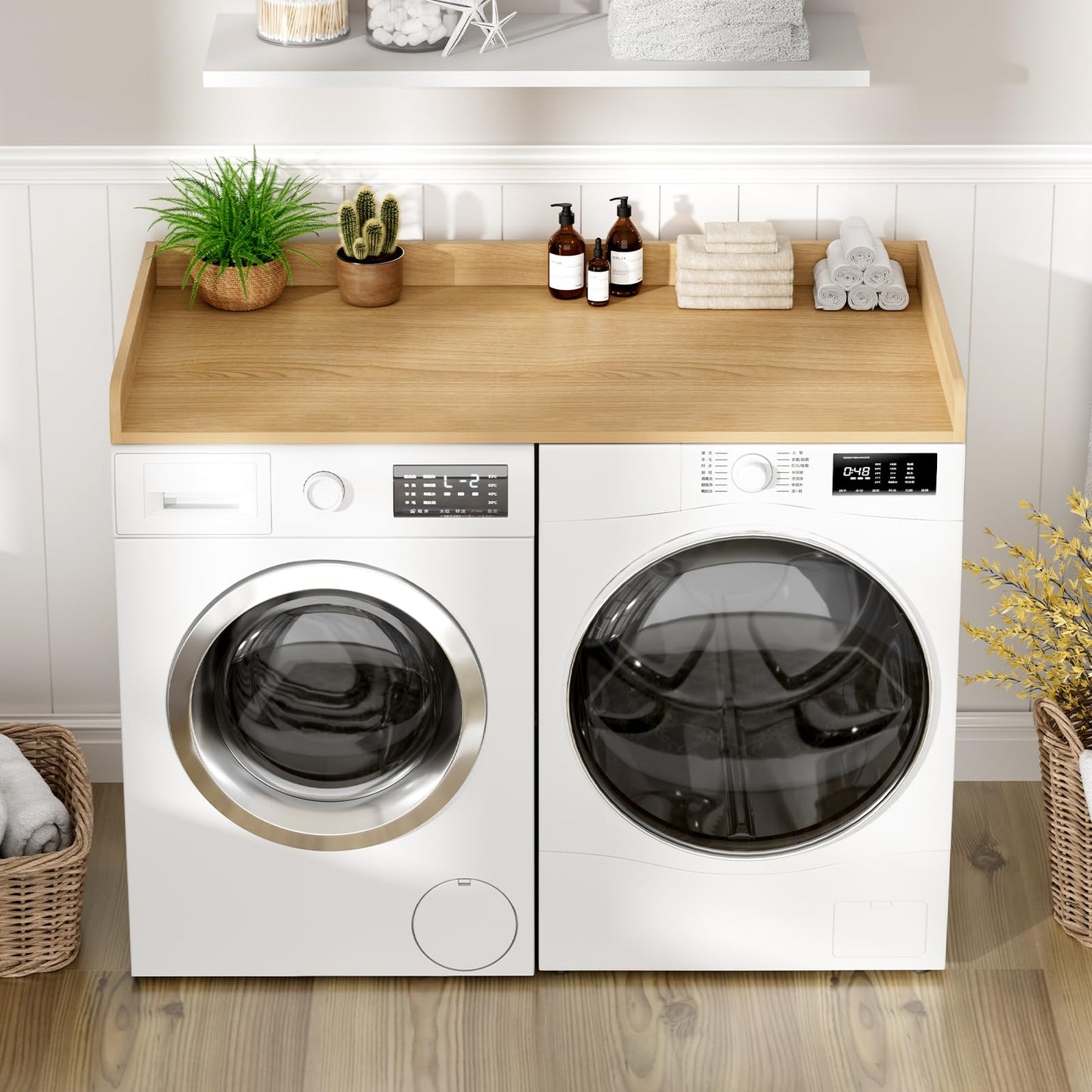 FZGhome Washer Dryer Countertop, 27.5 x 54 Inch Washer and Dryer Countertop for Laundry Room Organization with Edge Wooden, Oak