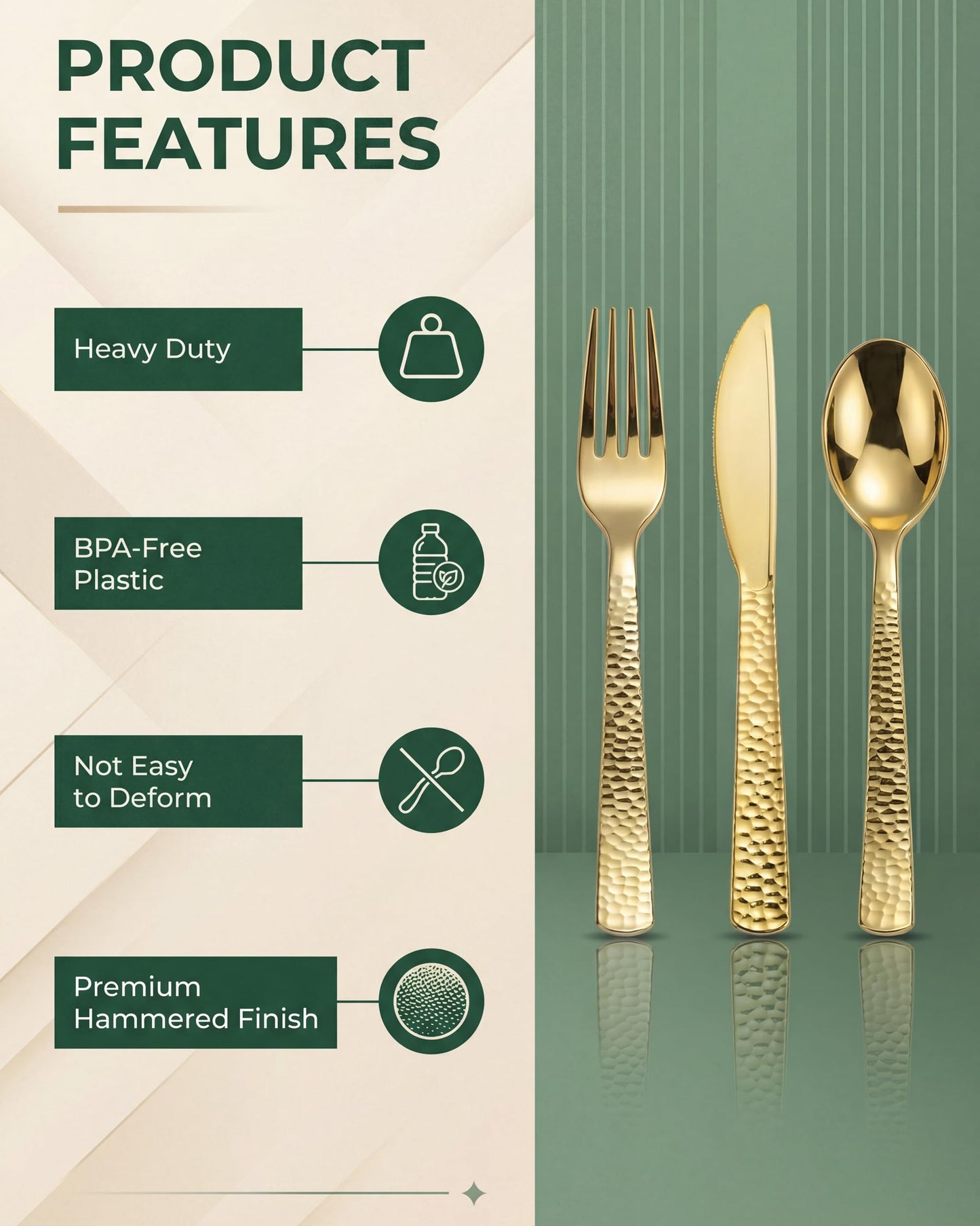 Nervure 300PCS Gold Hammered Plastic Silverware - Heavy Duty Plastic Cutlery - Gold Disposable Utensils Includes 100 Forks, 100 Knives, 100 Spoons Perfect for Wedding & Party