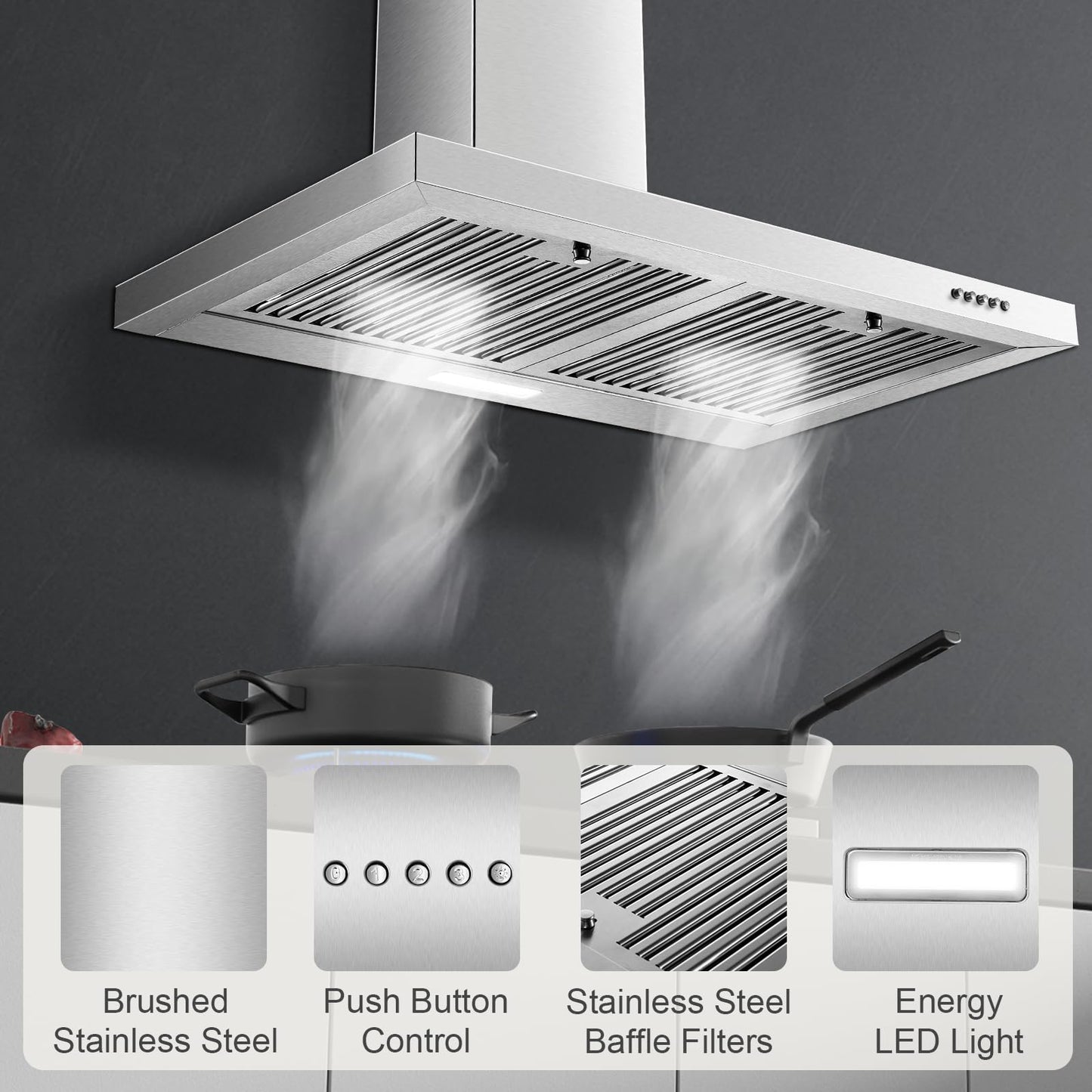 Zomagas Range Hood 30 inch, Wall Mount Range Hood Ducted/Ductless, Kitchen Hood in Stainless Steel, Vent Hood with Baffle Filters, 3 Speed Fan, Push Button Control, Energy-Saving LED Light