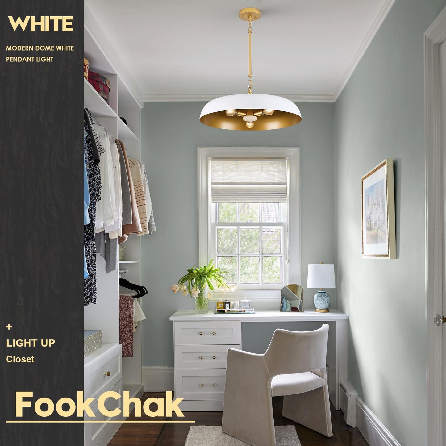 Large Pendant Light 20in White and Gold Dome Pendant Lights 3 Light Socket Pendant Light Fixture with Adjustable Pendant Lighting for Kitchen Island Dining Room Kitchen Sink, E12