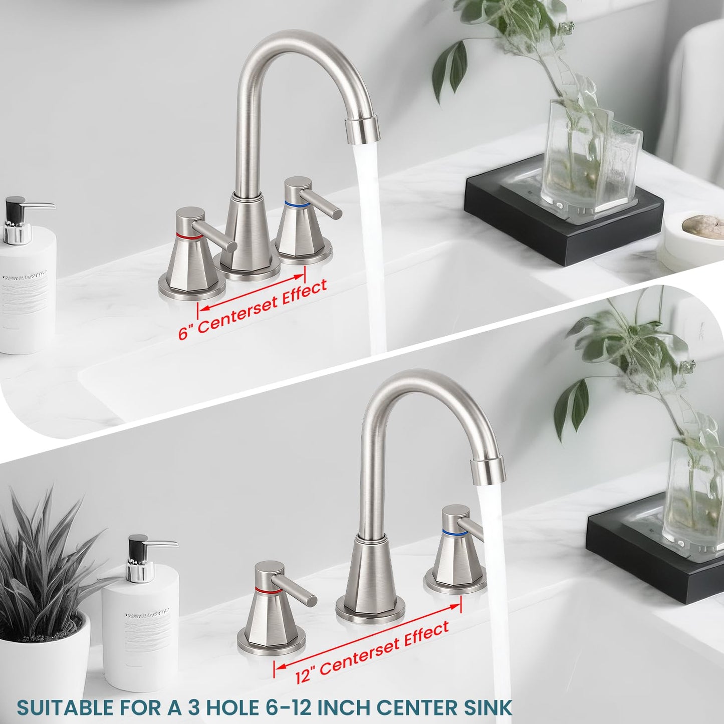 LUFG Bathroom Faucet 3 Hole, Brushed Nickel Bathroom Sink Faucet with 360°Swivel Spout, 8 inch Widespread 2 Handle Faucet for Bathroom Sink Vanity RV with Pop-up Drain Supply Line Stainless Steel