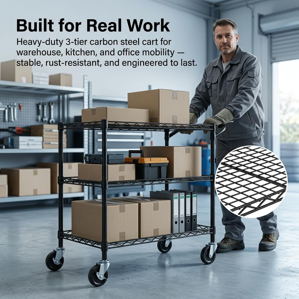 Finnhomy 3 Tier Heavy Duty Commercial Grade Utility Cart, Wire Rolling Cart with Handle Bar, Steel Service Cart with Wheels, Kitchen Carts on Wheels, Metal Cart Shelf Size 18" D x 36" W, NSF, Black