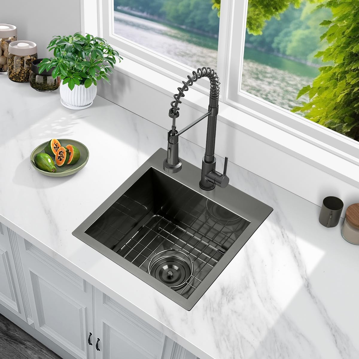 FRANIC 15" Handmade Black Bar Workstation Sink, 15" x 15" x 9" Stainless Steel Matte Nano Black Topmount Single Bowl Small Kitchen Outdoor Sink