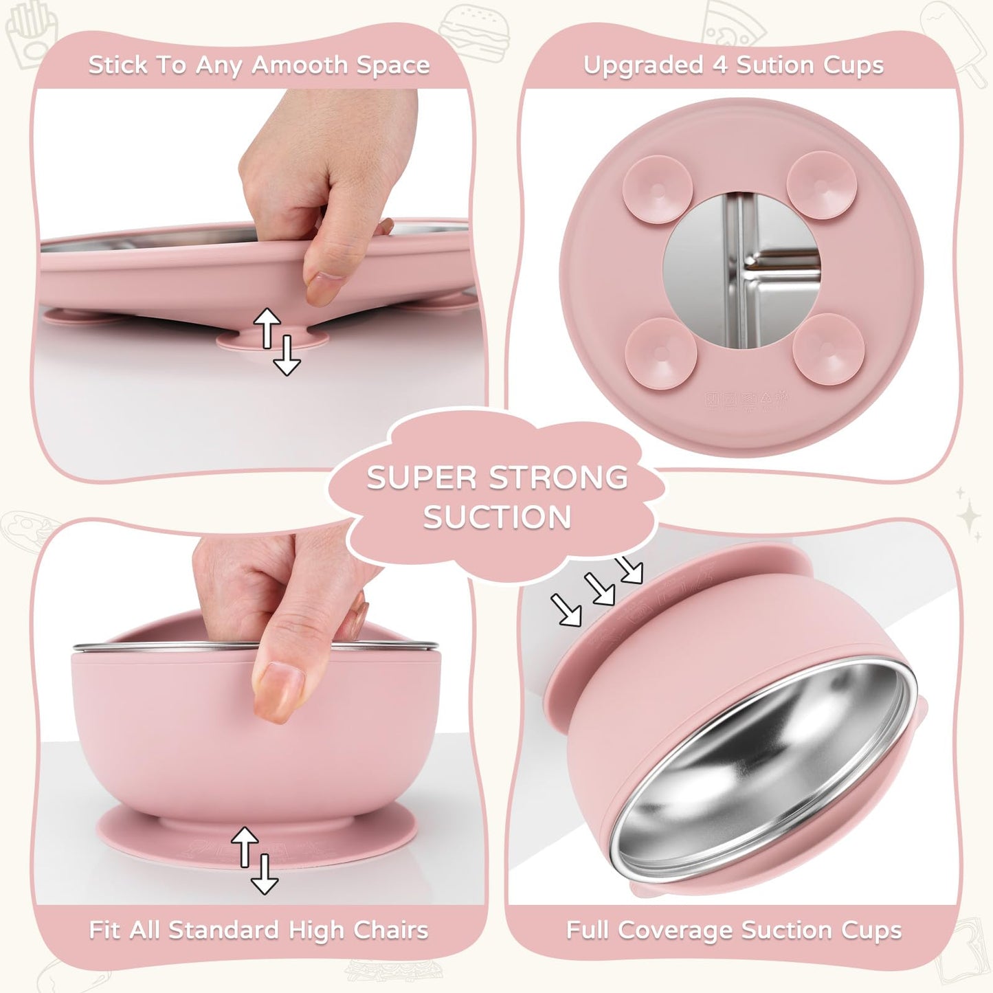 Toddler Plates and Bowls Set Stainless Steel - Bathchef Baby Feeding Set Strong Suction, BPA Free Durable Divided Plates, Safe Self Baby Feeding Utensils,Cup,Spoon,Fork,Dishwasher Safe,6pcs,Pink