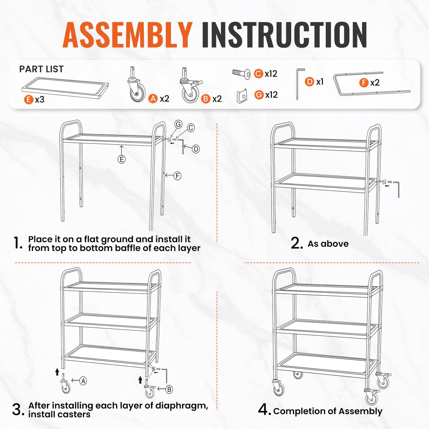 HOCCOT All Stainless Steel Cart, 3 Tier Utility Cart with Brake Wheels, Storage Trolley Heavy Duty Rolling Cart with Strong Load Bearing Easy Assembly for Home Kitchen Restaurant Hotel Lab