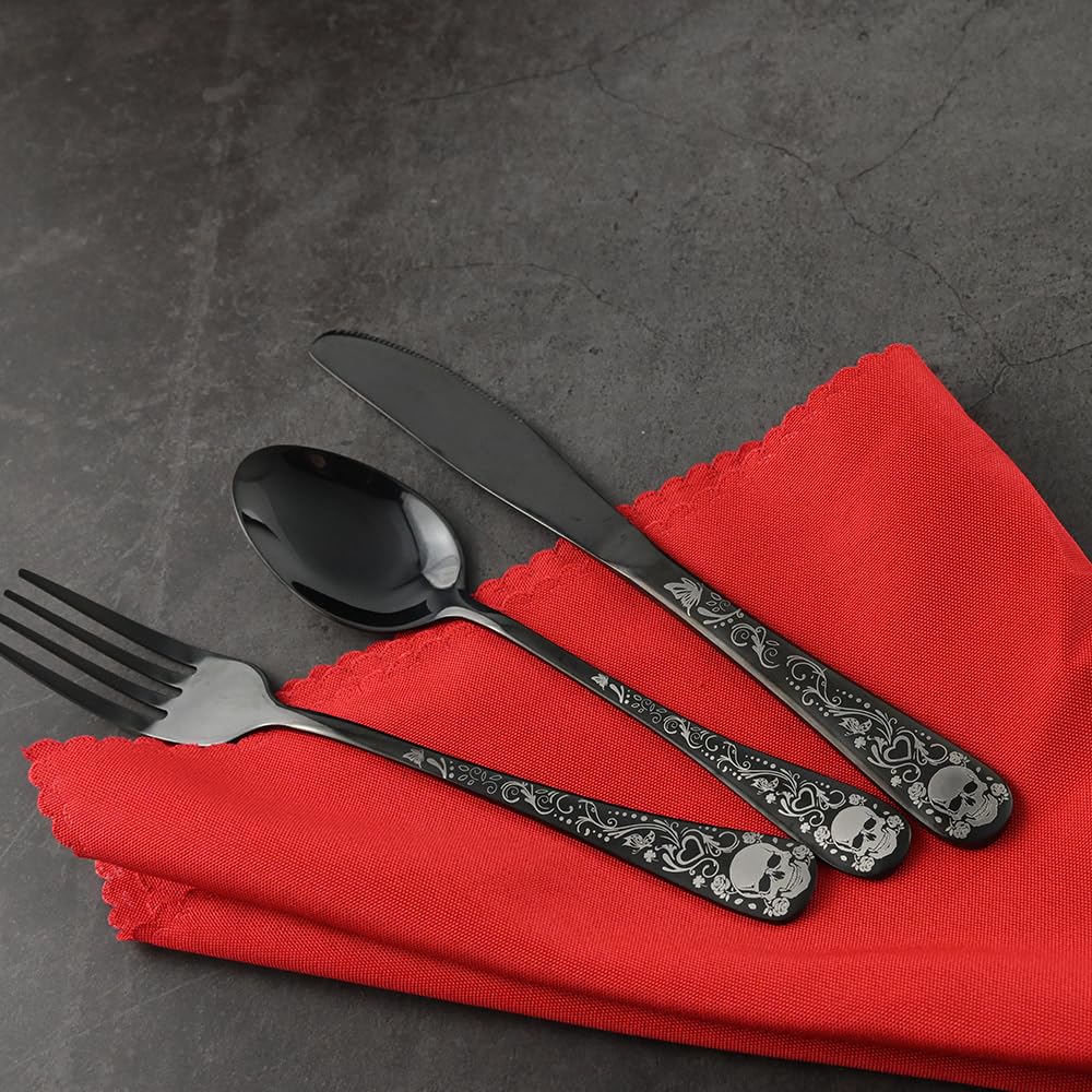 MUJINON Skull Black Silverware Set for 4, 20-Piece Black Flatware Set, Gothic Skeleton Cutlery for Decoration, Halloween, Christmas, Party, Gift, Housewarming