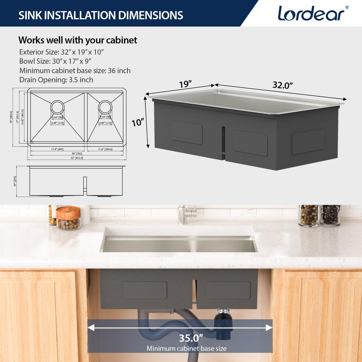 Lordear Undermount Double Kitchen Sink 32 Inch 16 Gauge Undermount Workstation 60/40 Double Bowl Sink Stainless Steel with Smart Low Divider 32x19 Inch Double Basin Kitchen Sinks Handmade